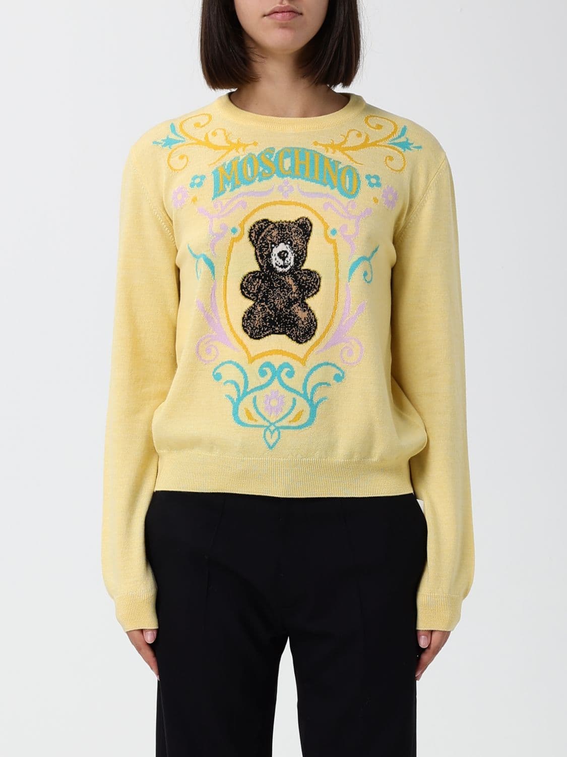 Moschino Couture Teddy Bear Jacquard Logo Crewneck Jumper in 100% Merino Wool