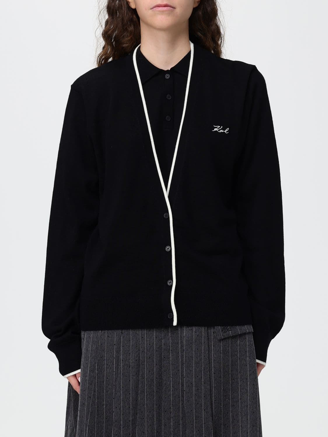 Karl Lagerfeld V-Neck Cardigan in 100% Merino Wool with Contrast Trims