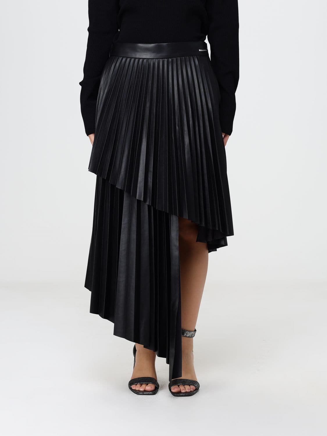 Karl Lagerfeld High-Waisted Asymmetrical Pleated Midi Skirt in Faux Leather