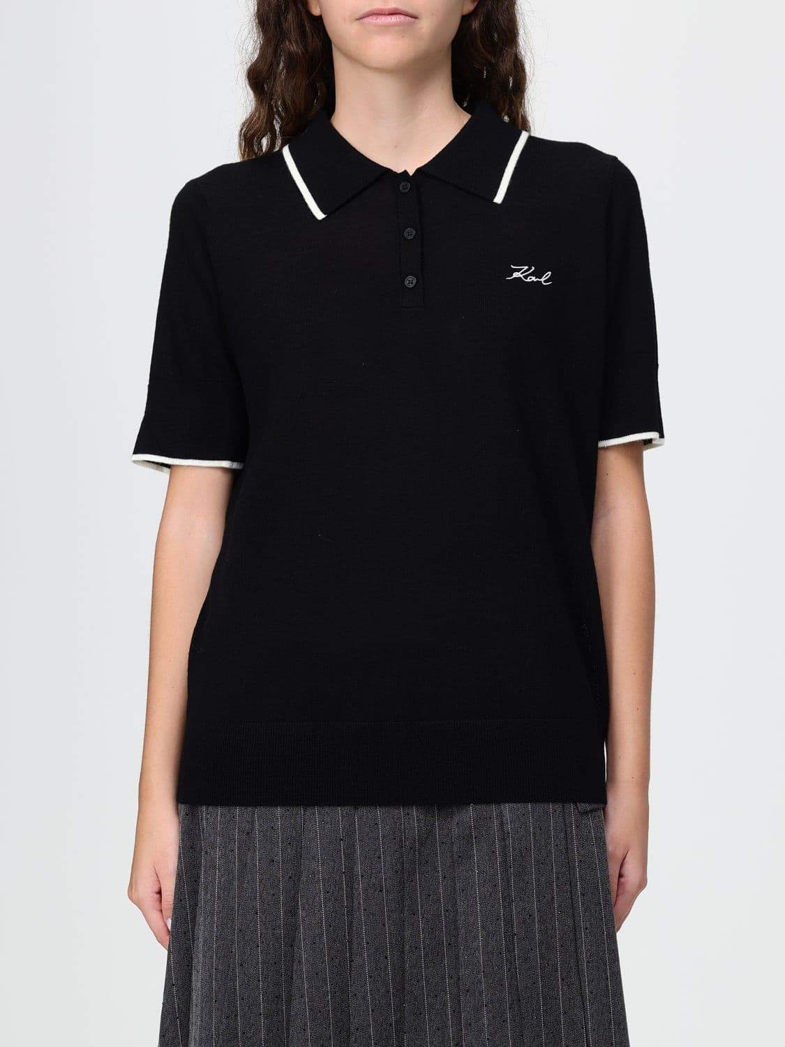 Karl Lagerfeld Knitted Polo Shirt in 100% Merino Wool with Contrast Trims