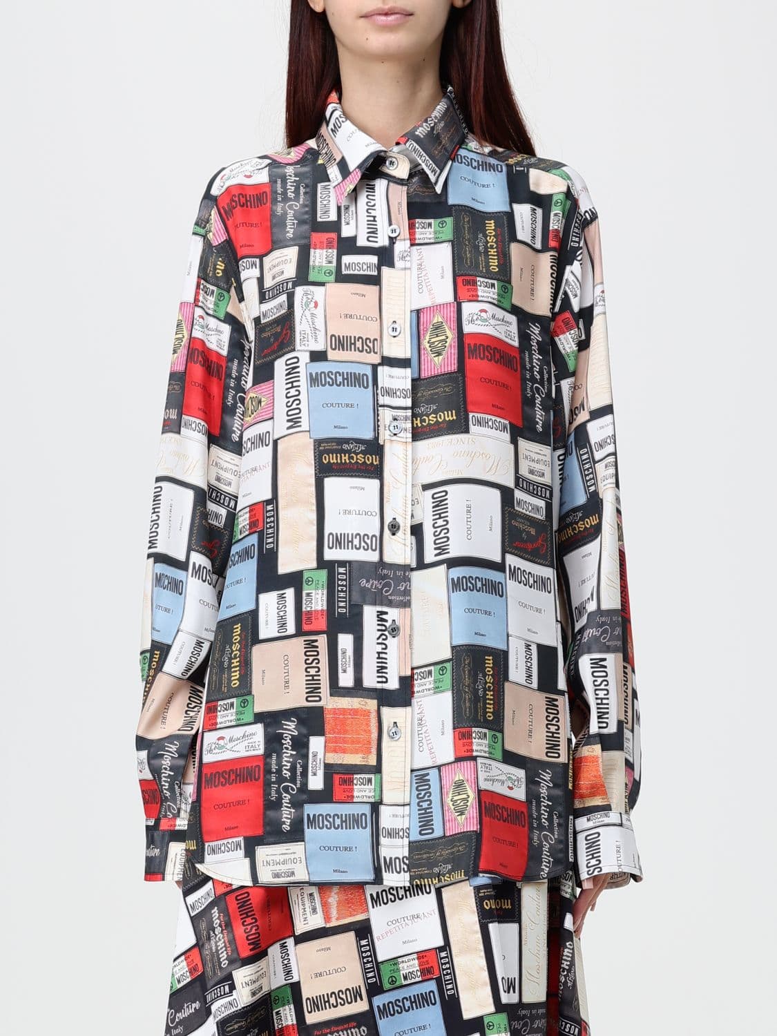 Moschino Couture Relaxed Fit Graphic Print Shirt in Pure Silk with Long Sleeves