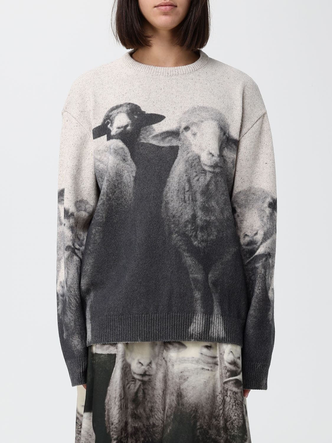 Moschino Couture Relaxed Fit Graphic Print Jumper in a Wool and Silk Blend
