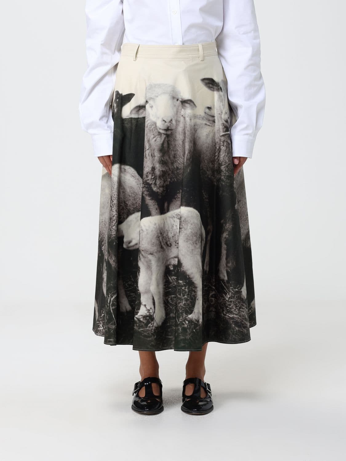 Moschino Couture Graphic Print A-Line Cotton Midi Skirt with Asymmetrical Hem
