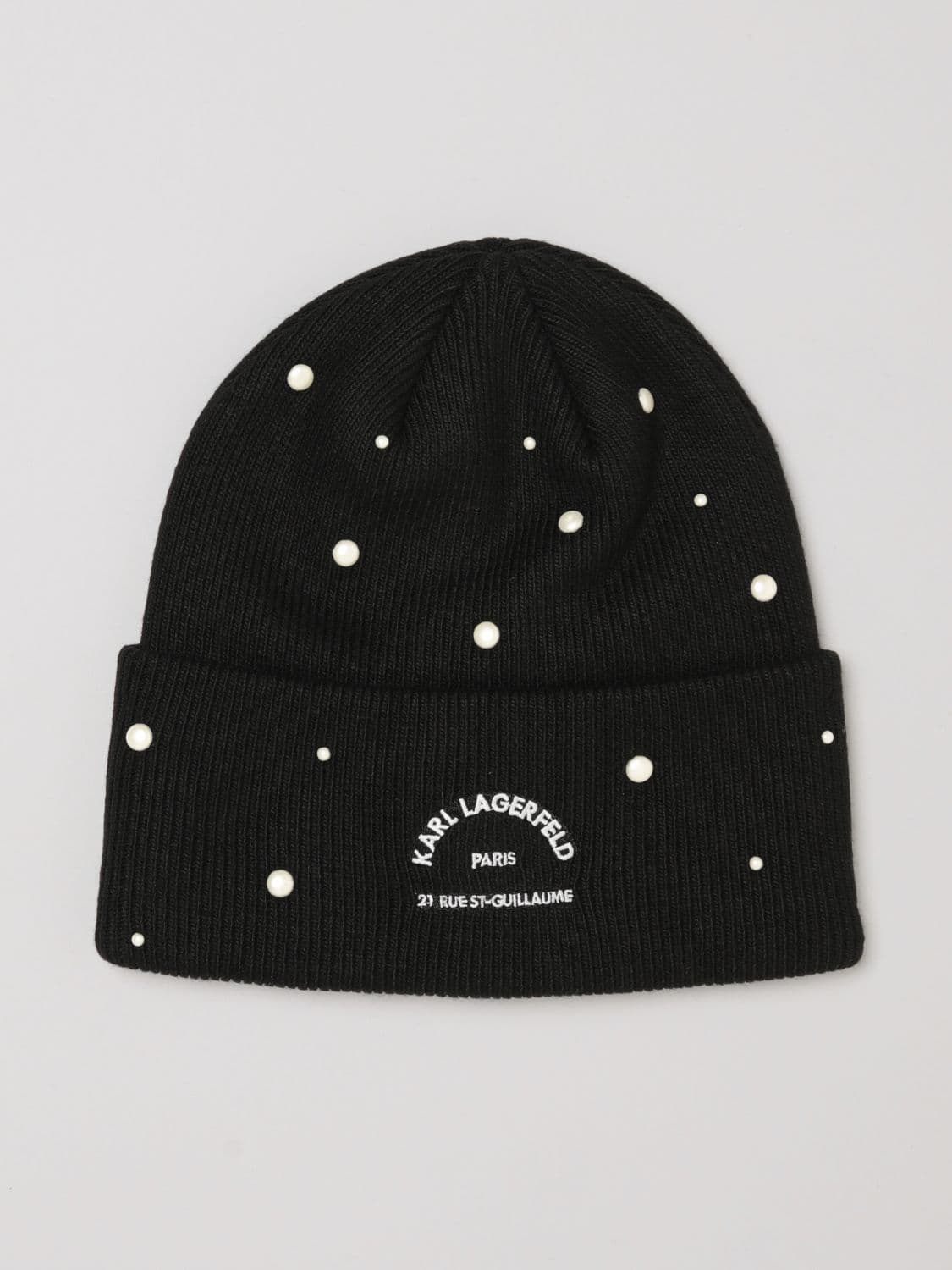 Karl Lagerfeld Wool and Cashmere Blend Beanie with Contrast Logo and Pearls · OS