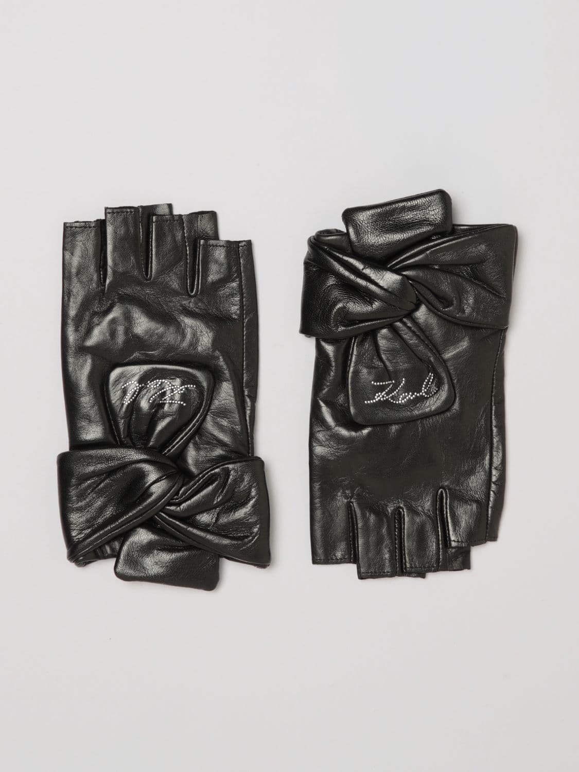 Karl Lagerfeld Smooth Goat Leather Gloves with Monogram and Bow · SM
