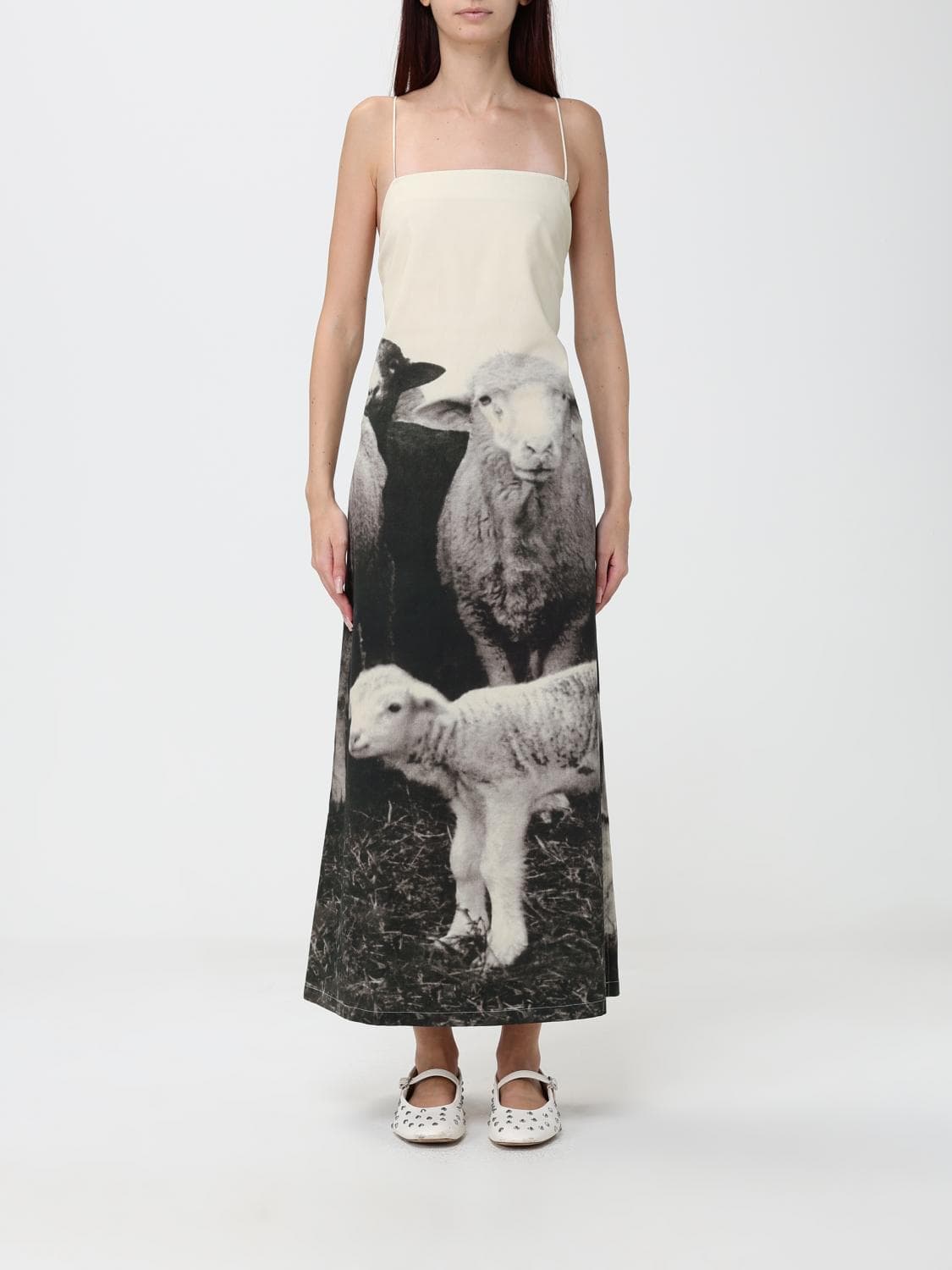 Moschino Couture Graphic Print A-Line Silk Midi Dress with Square Neckline