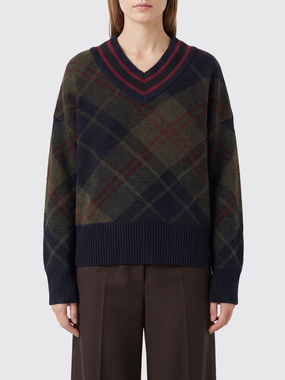 Barbour Check Wool Blend Relaxed Fit V-Neck Jumper