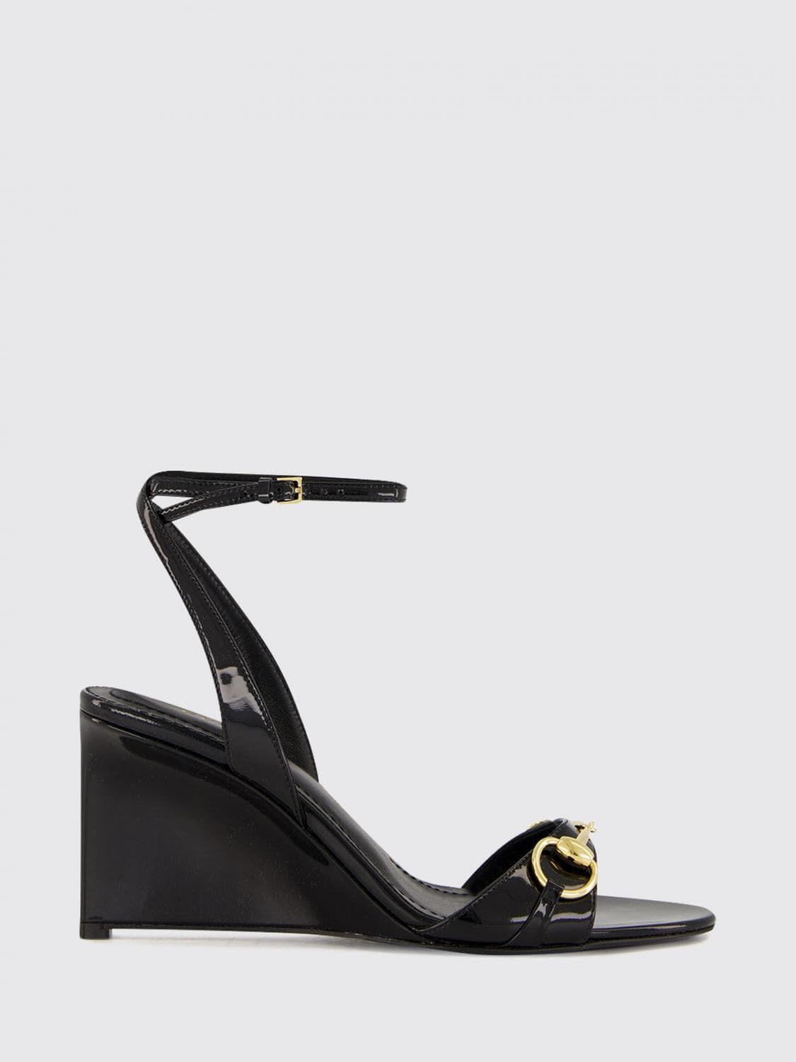 Gucci High Wedge Sandals in Patent Leather with Horsebit Detail and Strap
