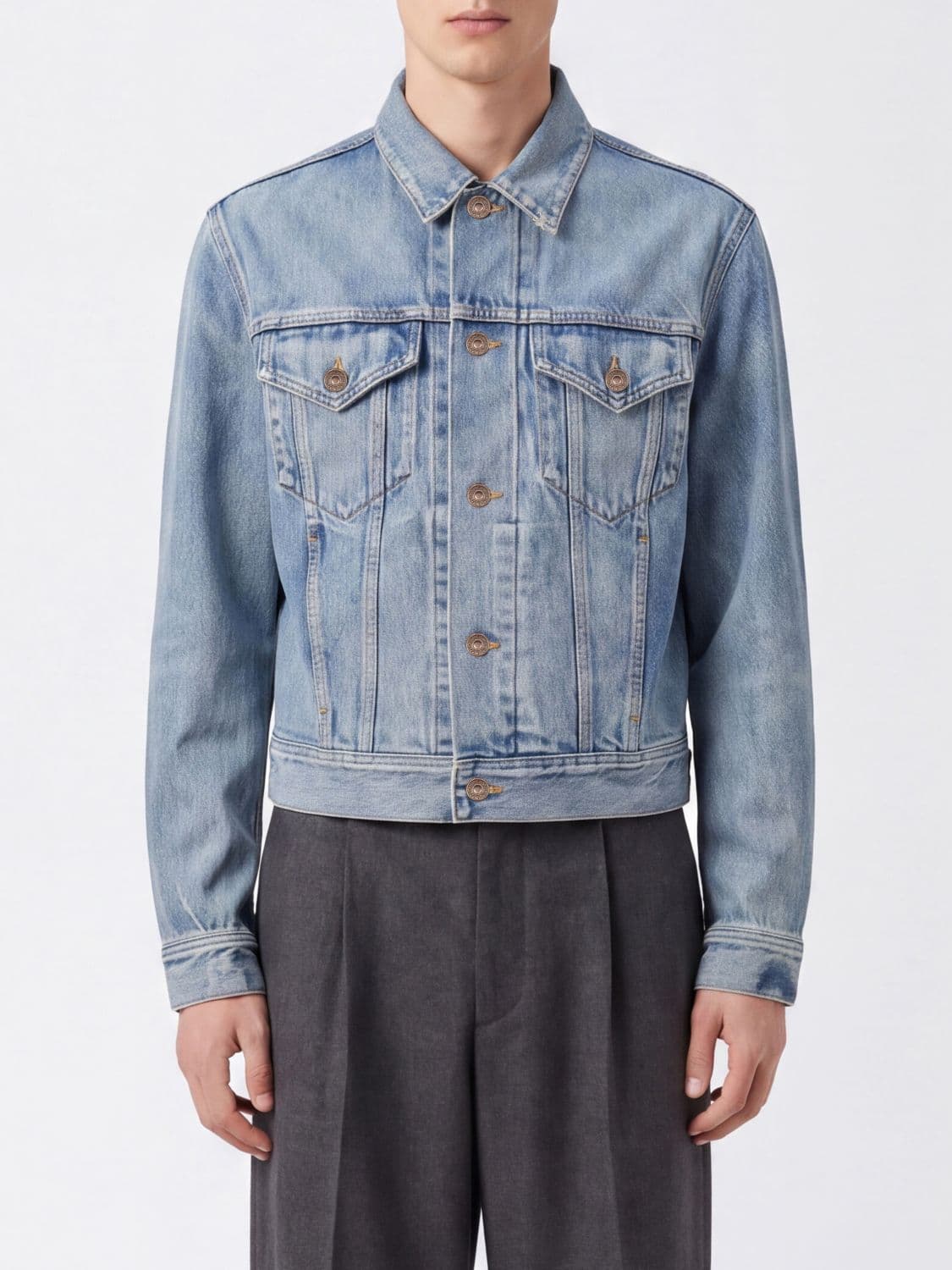 Celine Bleached Denim Jacket with Patch Pockets and Metal Buttons