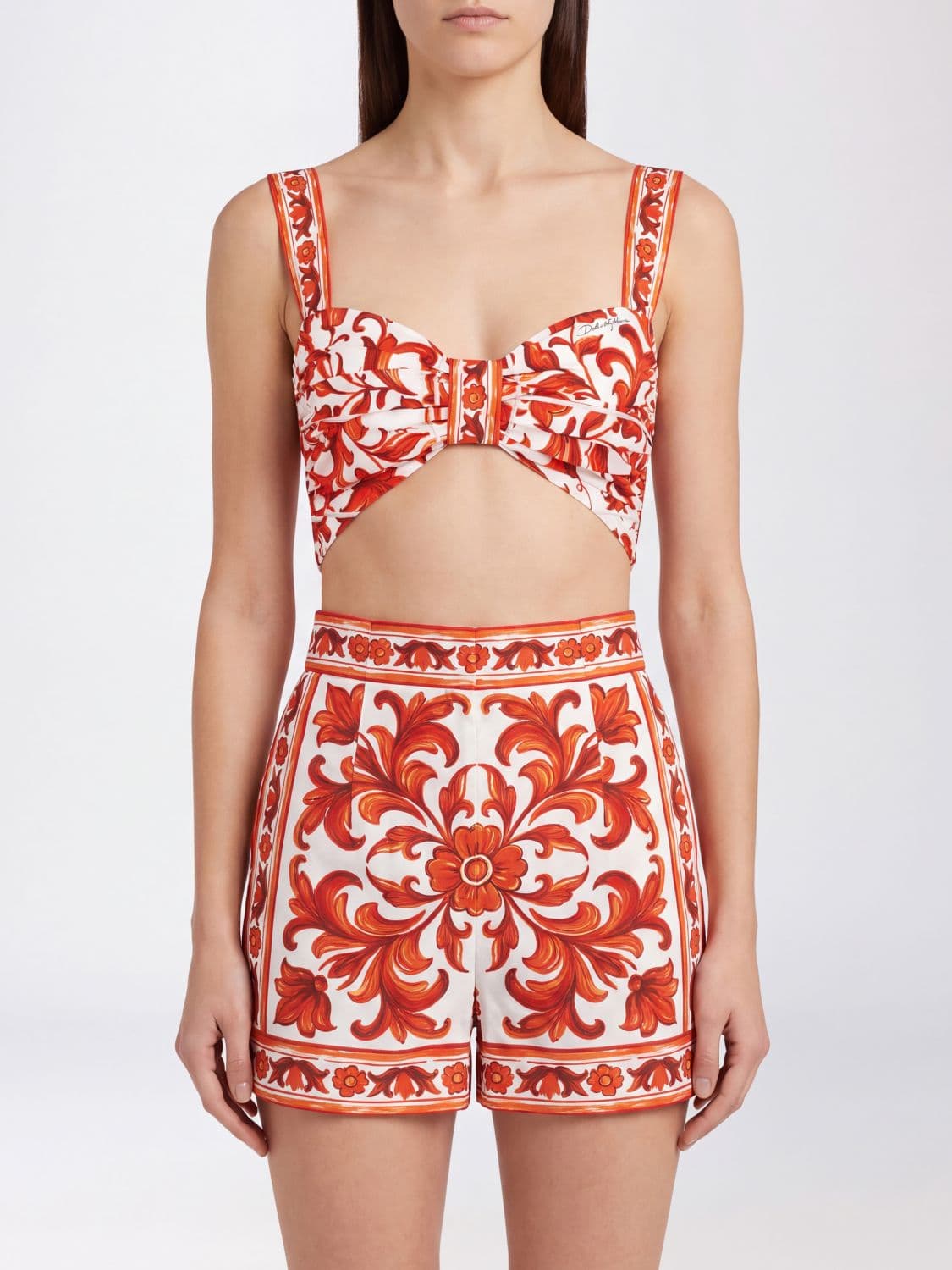 Dolce & Gabbana Cropped Bralette in Cotton with Majolica Print and Square Neck · 40