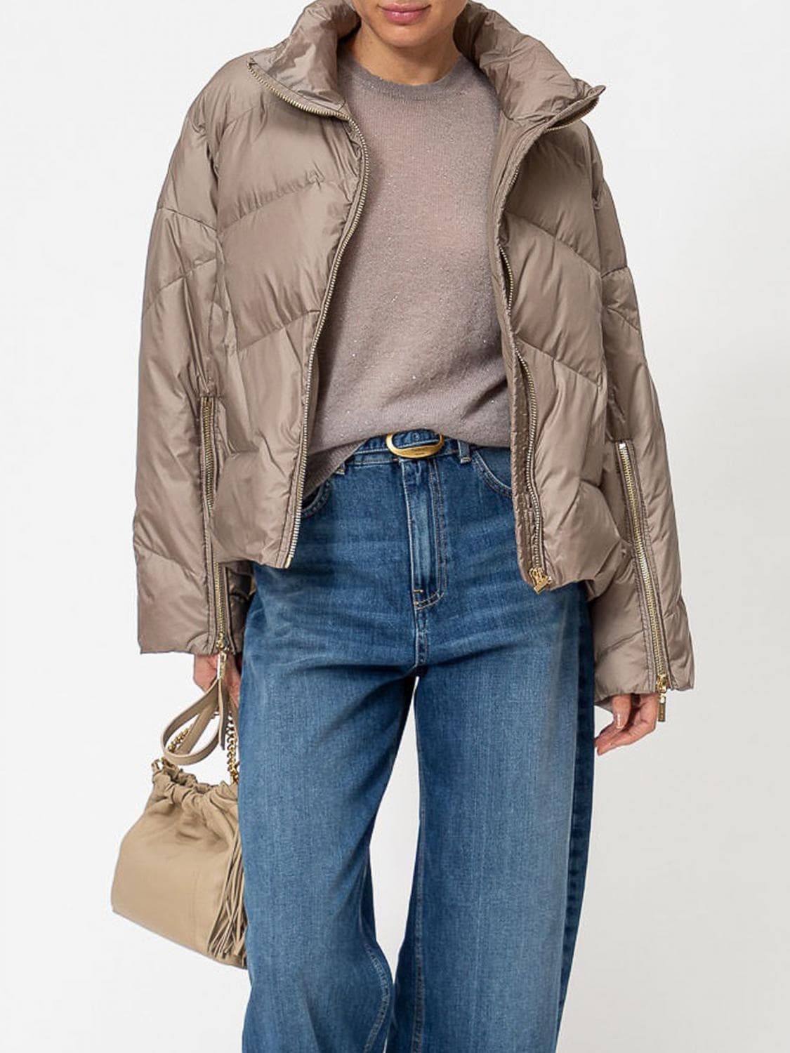 Twinset Short Quilted Nylon Puffer Jacket with High Neck and Zip Closure
