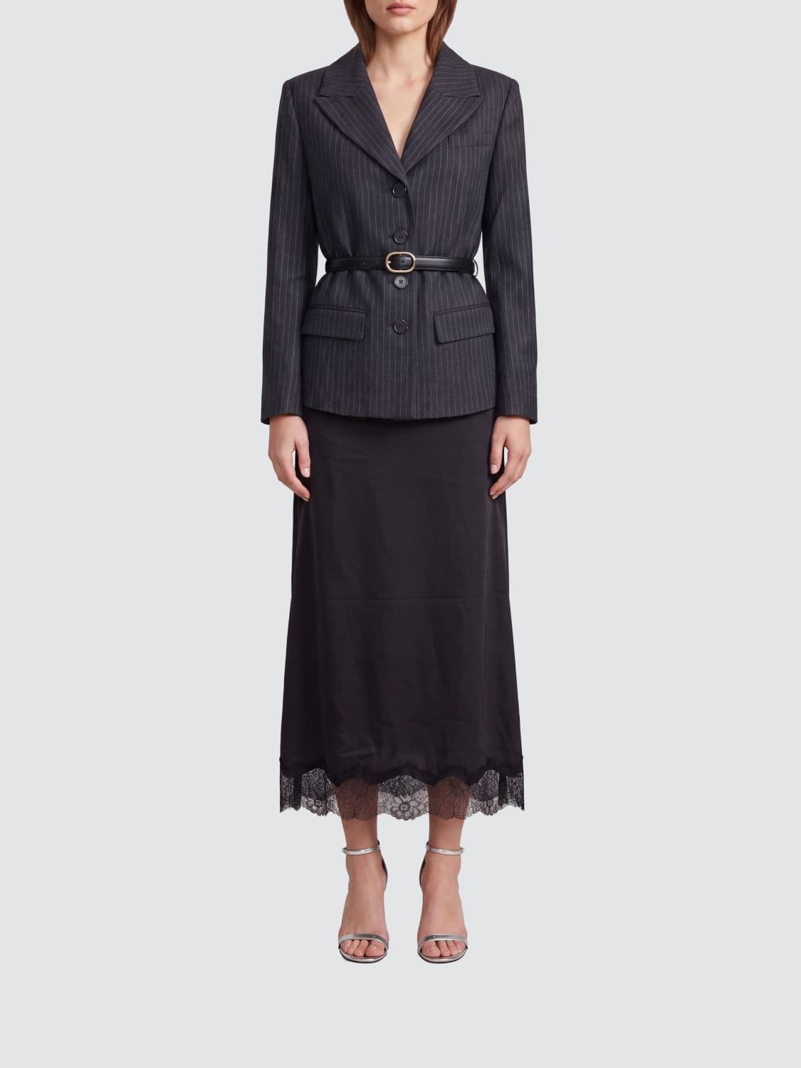Self-Portrait Pinstripe Midi Blazer Dress with Peak Lapels and Lace Inserts