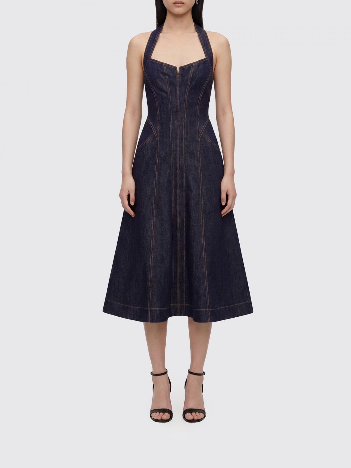 Self-Portrait A-Line Off-The-Shoulder Denim Midi Dress with Halter Neck