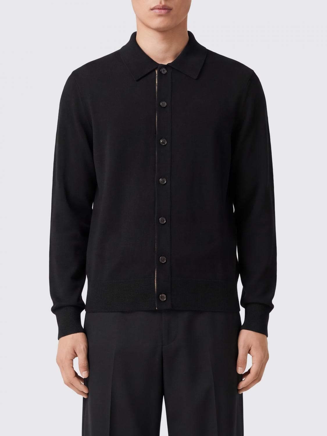 Burberry Black Pure Wool Cardigan with Polo Collar and Button Closure