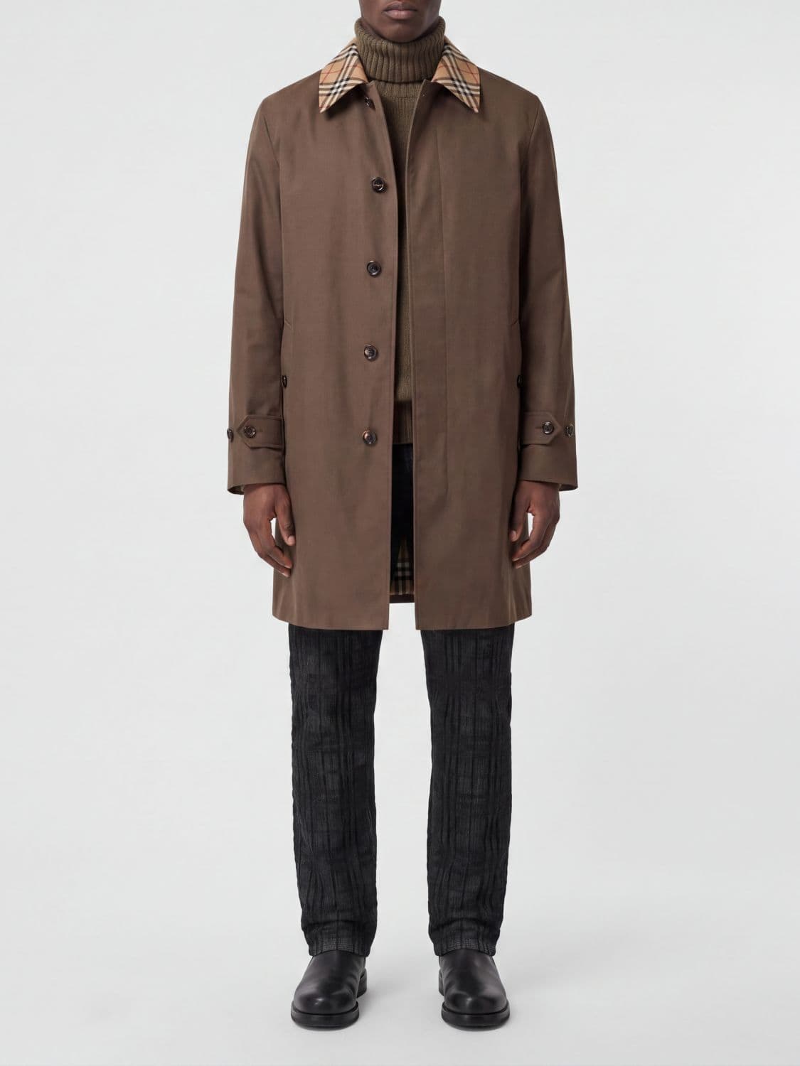 Burberry Single-Breasted Cotton Trench Coat with Check-Pattern Collar