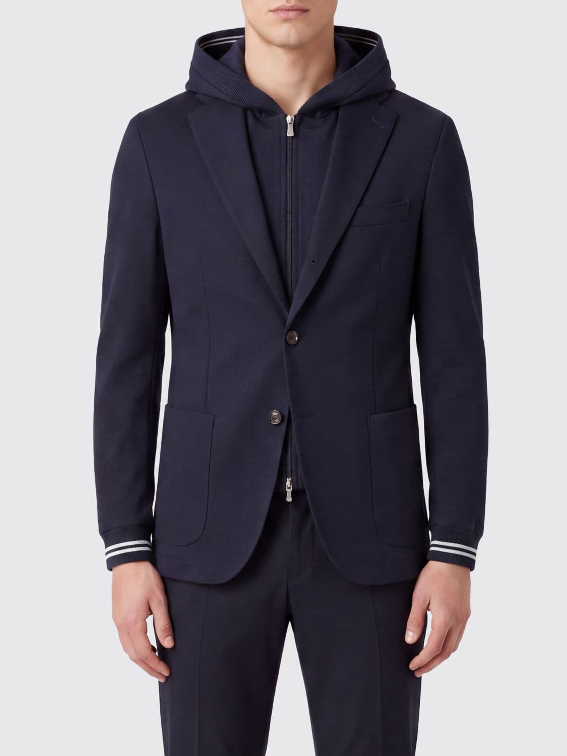 Eleventy Single-Breasted Cotton Blazer with Hood and Contrast Piping