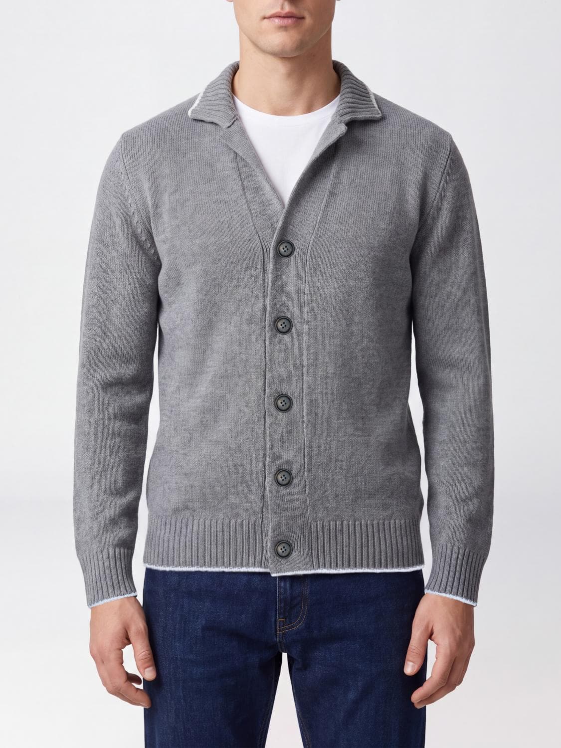 Eleventy High Neck Wool Cardigan with Ribbed Trims