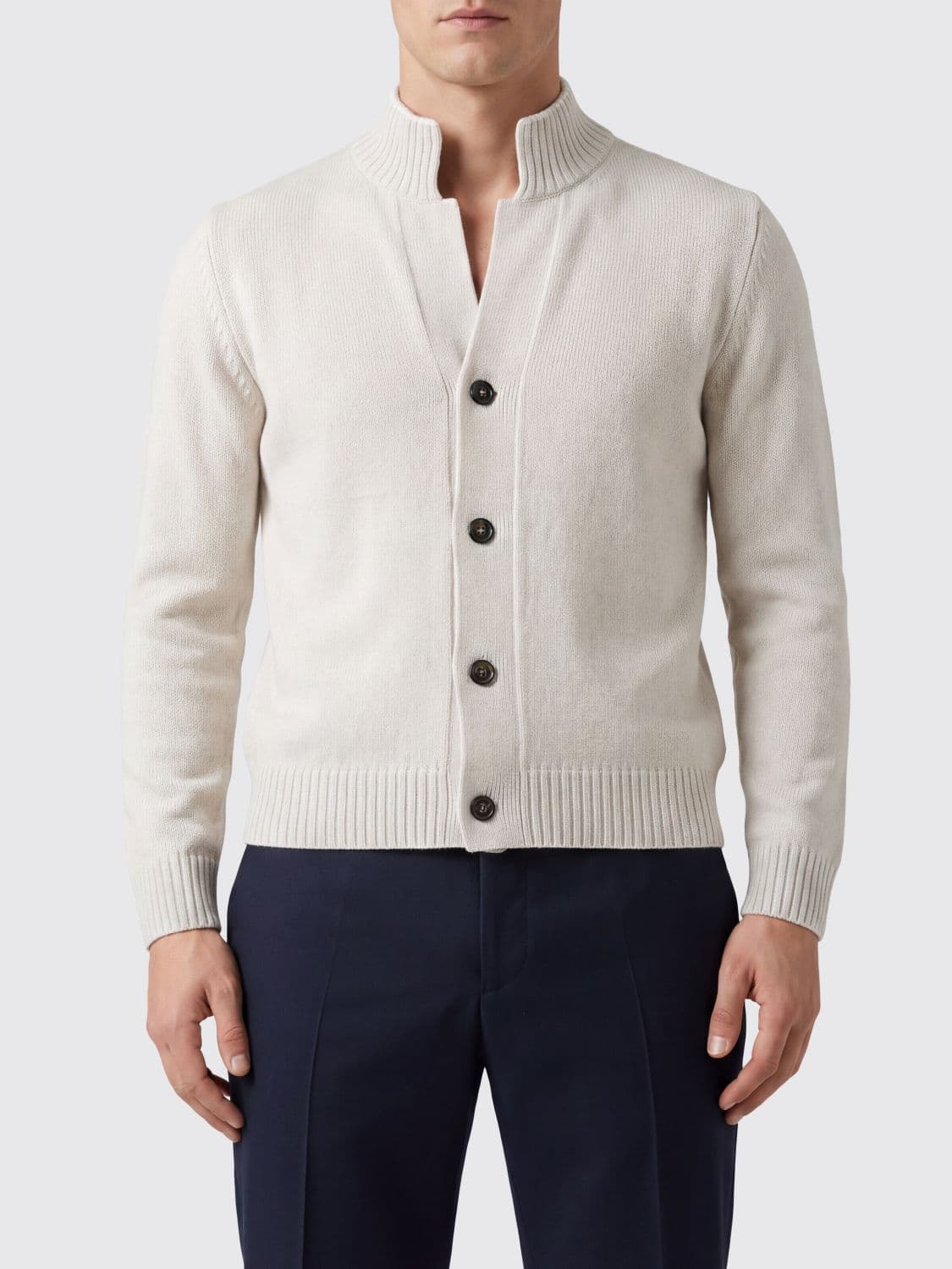 Eleventy High Neck Wool Cardigan with Ribbed Trims