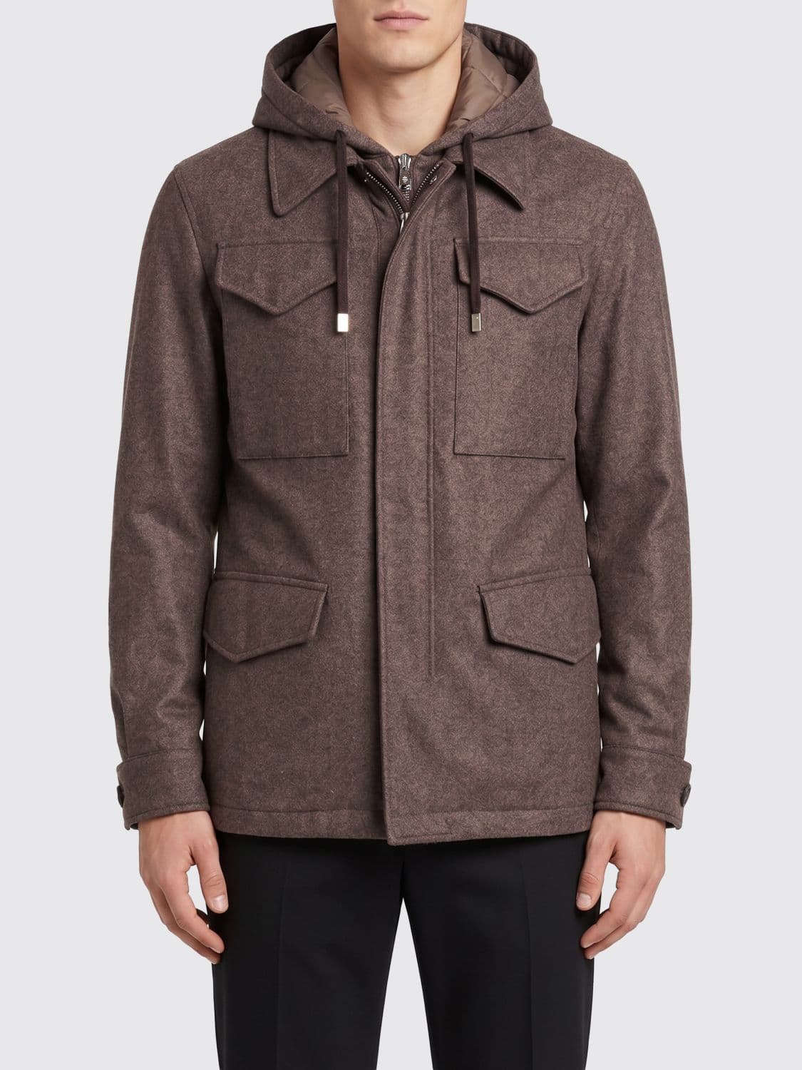 Eleventy Hooded Jacket in Wool and Cashmere Blend with Flap Utility Pockets · 50