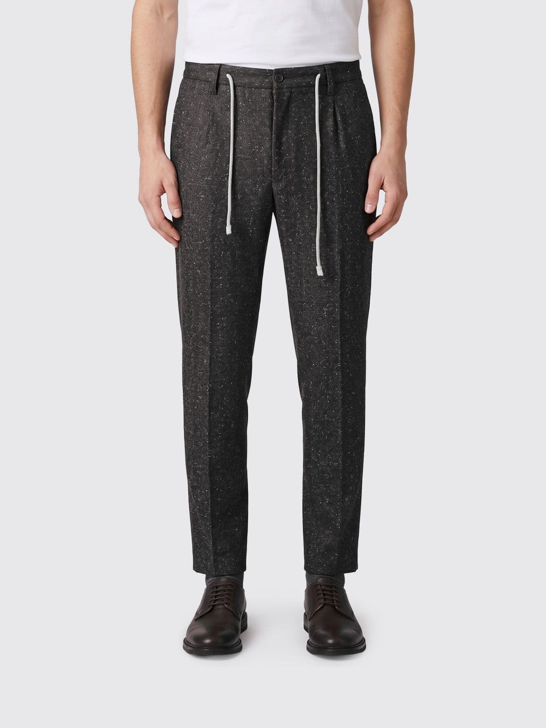 Eleventy Slim Fit Trousers in Wool and Silk with Abstract Pattern and Drawstring Waist