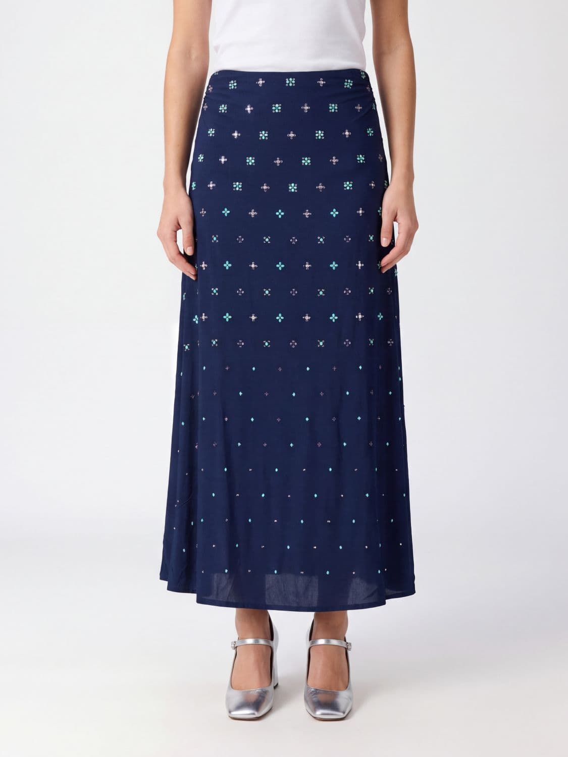 Rabanne High-Waisted Midi Pencil Skirt in Cupro with Geometric Embroidery and Rhinestones