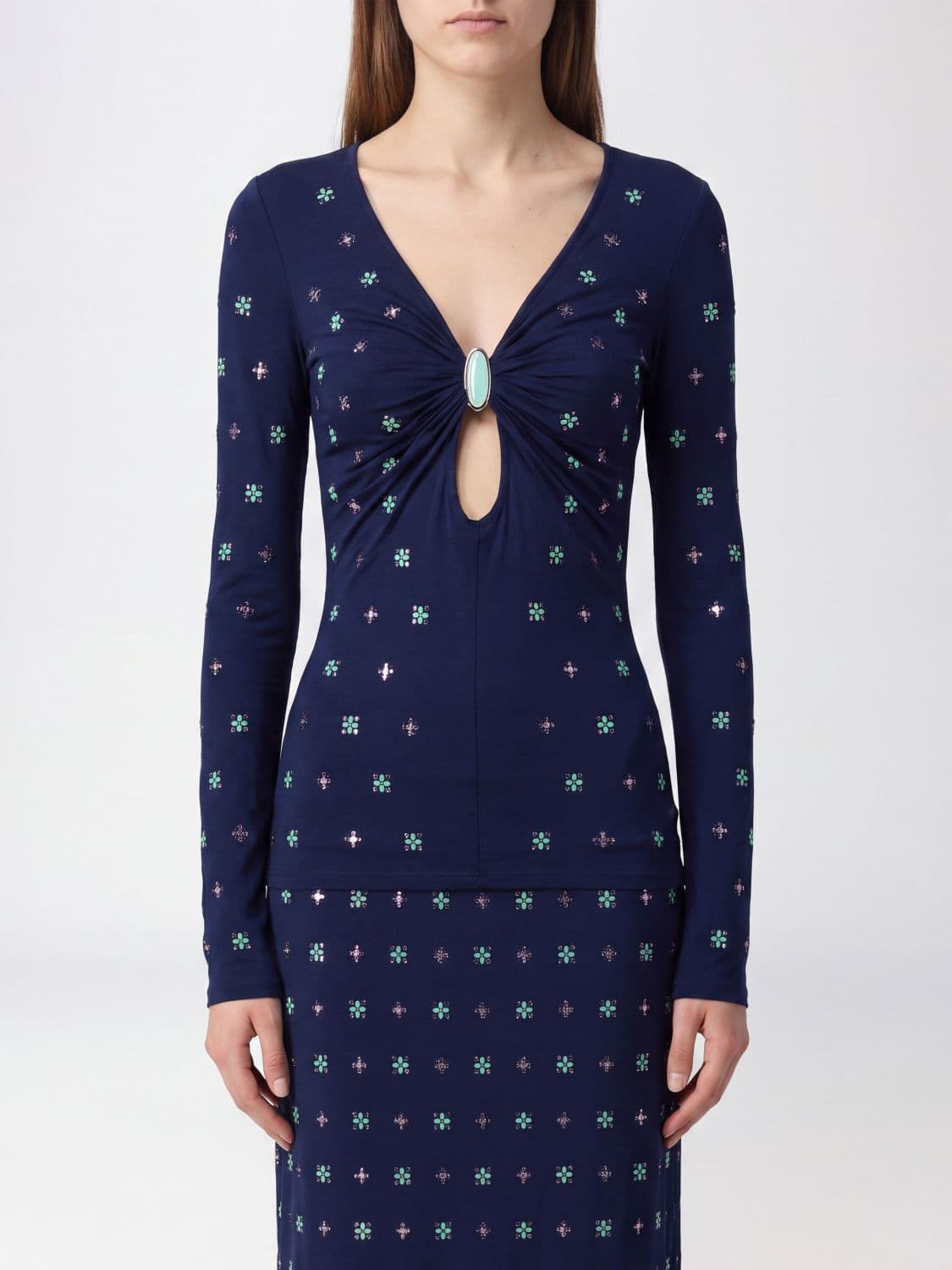 Rabanne Slim Fit Long-Sleeved Jersey Top with Print and Teardrop Neckline · 38