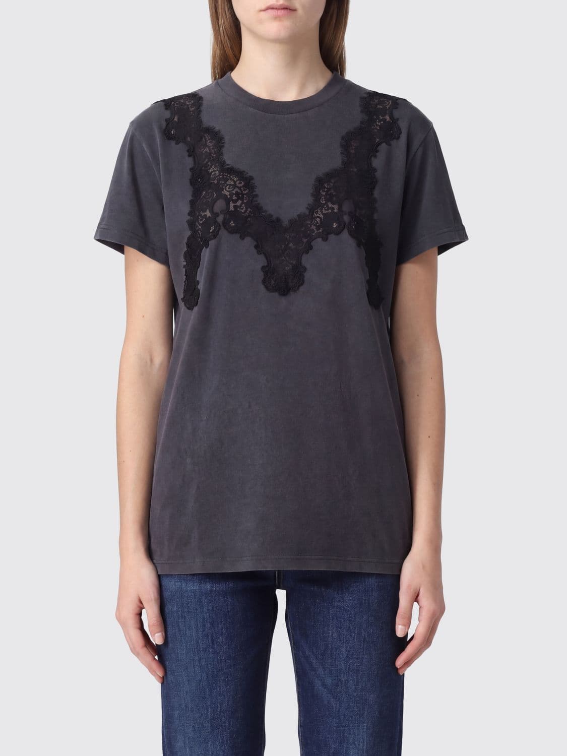 Stella Mccartney Cotton-Blend T-Shirt with Embroidered Lace Inserts