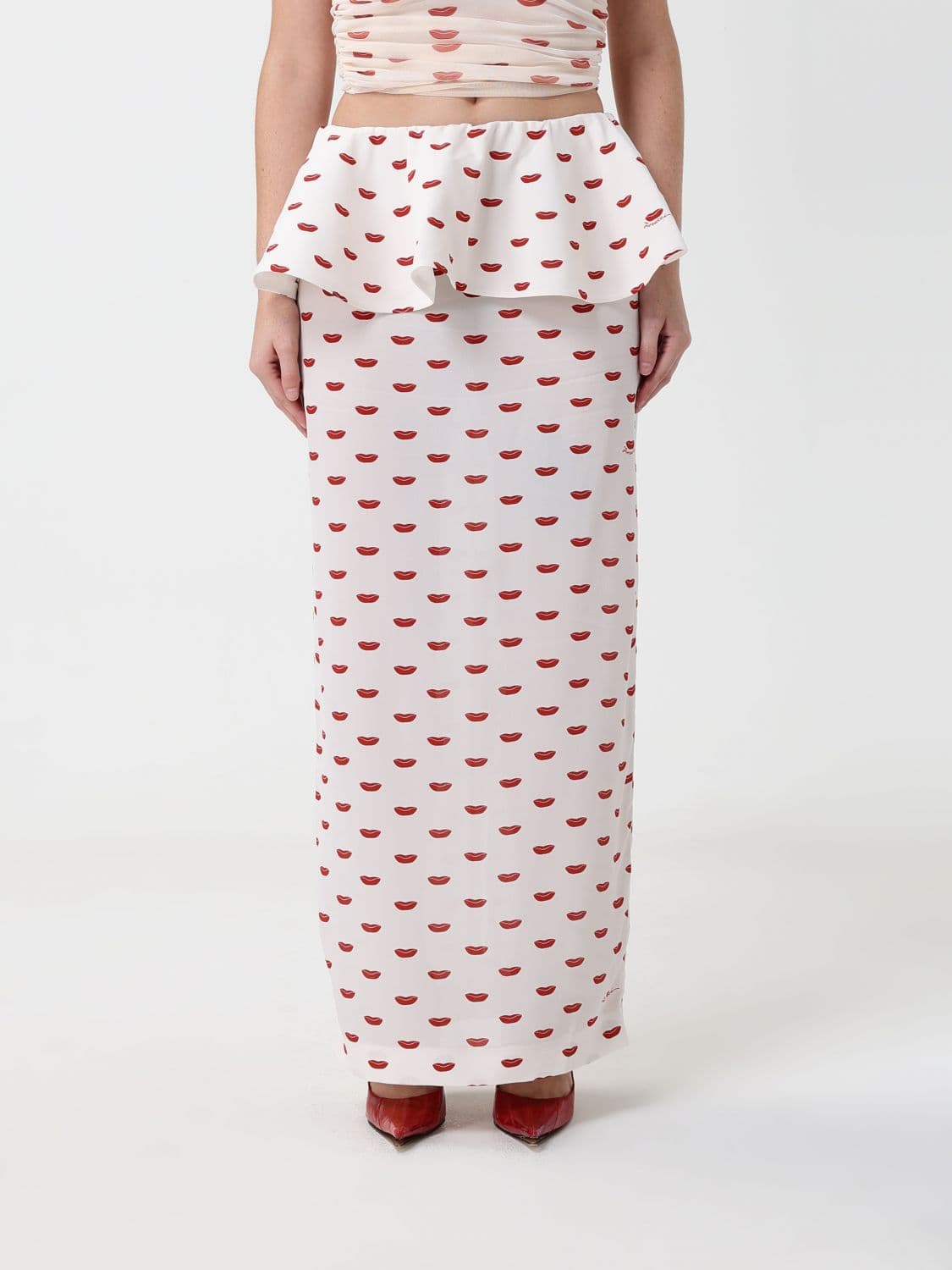 Fiorucci Long Pencil Skirt in Viscose with Graphic Print and Ruffles