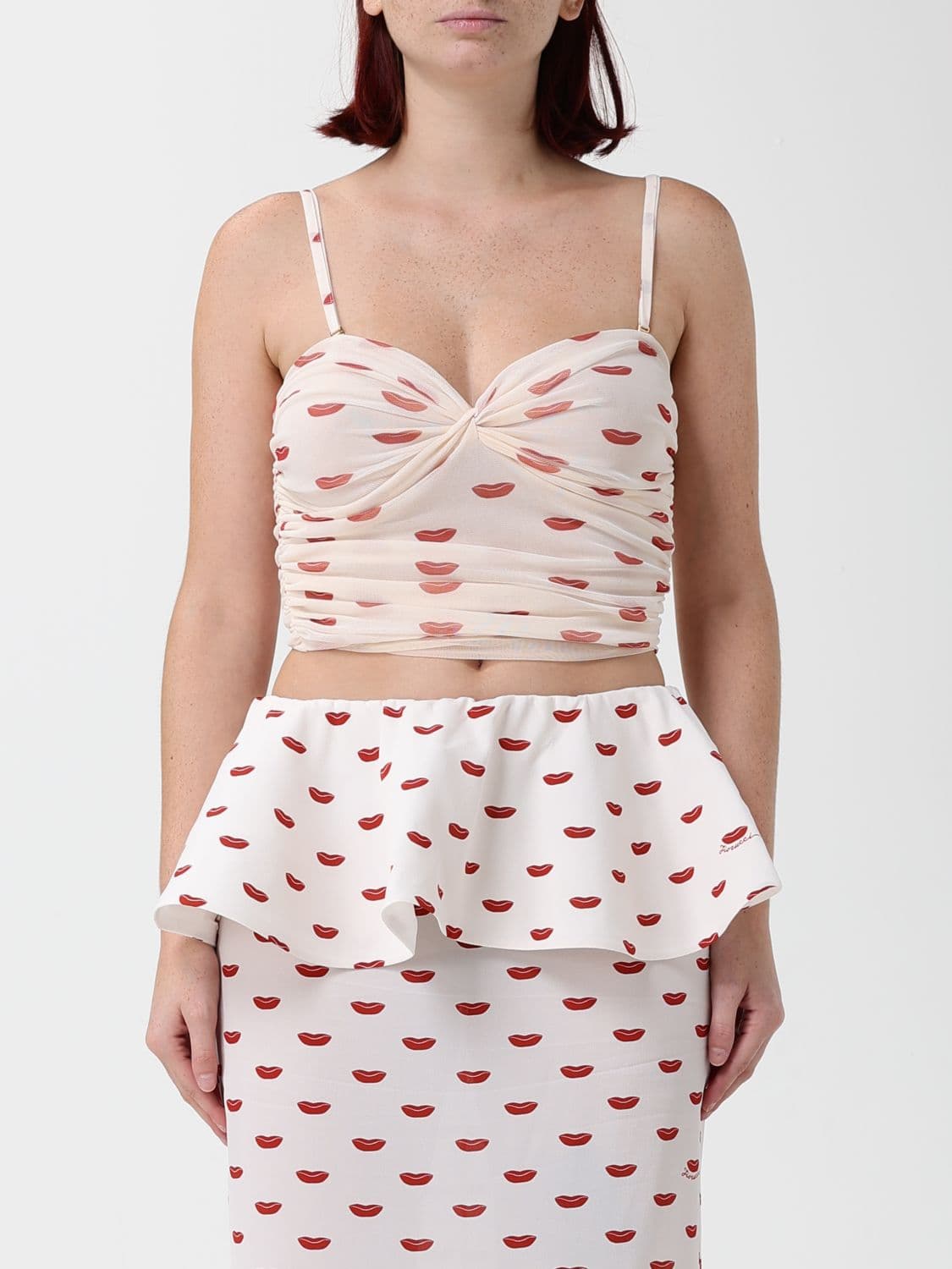 Fiorucci Cropped Corset Top in Tulle with Sweetheart Neckline and Graphic Print