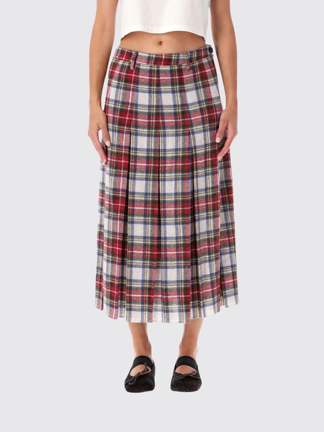 Mm6 Maison Margiela Pleated Tartan Midi Skirt in Wool Blend