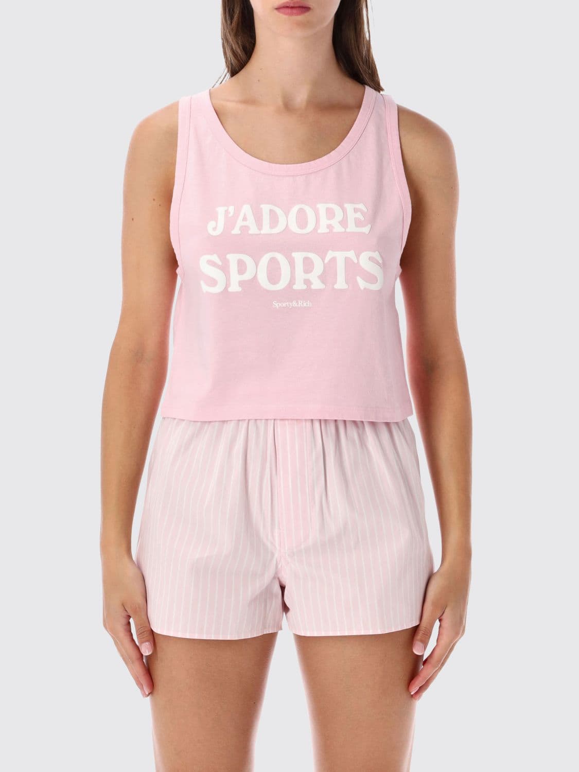 Sporty & Rich Pink Cotton Tank Top with U-Neck and Slogan Print