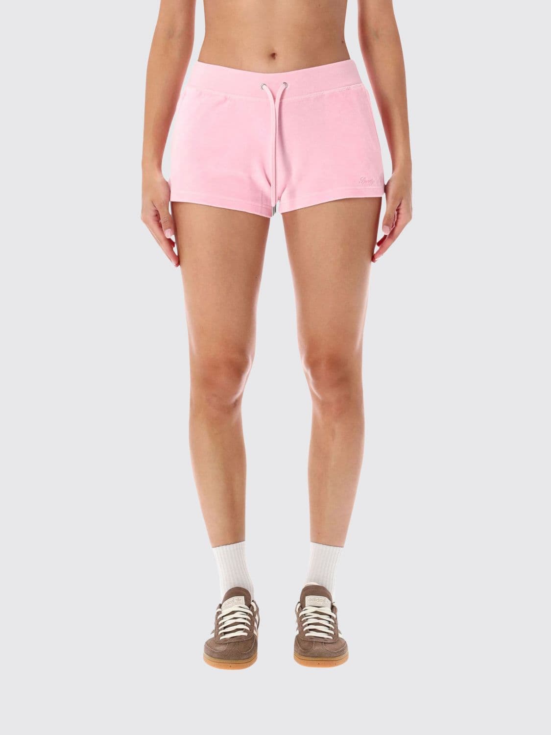 Sporty & Rich Pink Cotton Shorts with Drawstring Waist and Rhinestone Logo