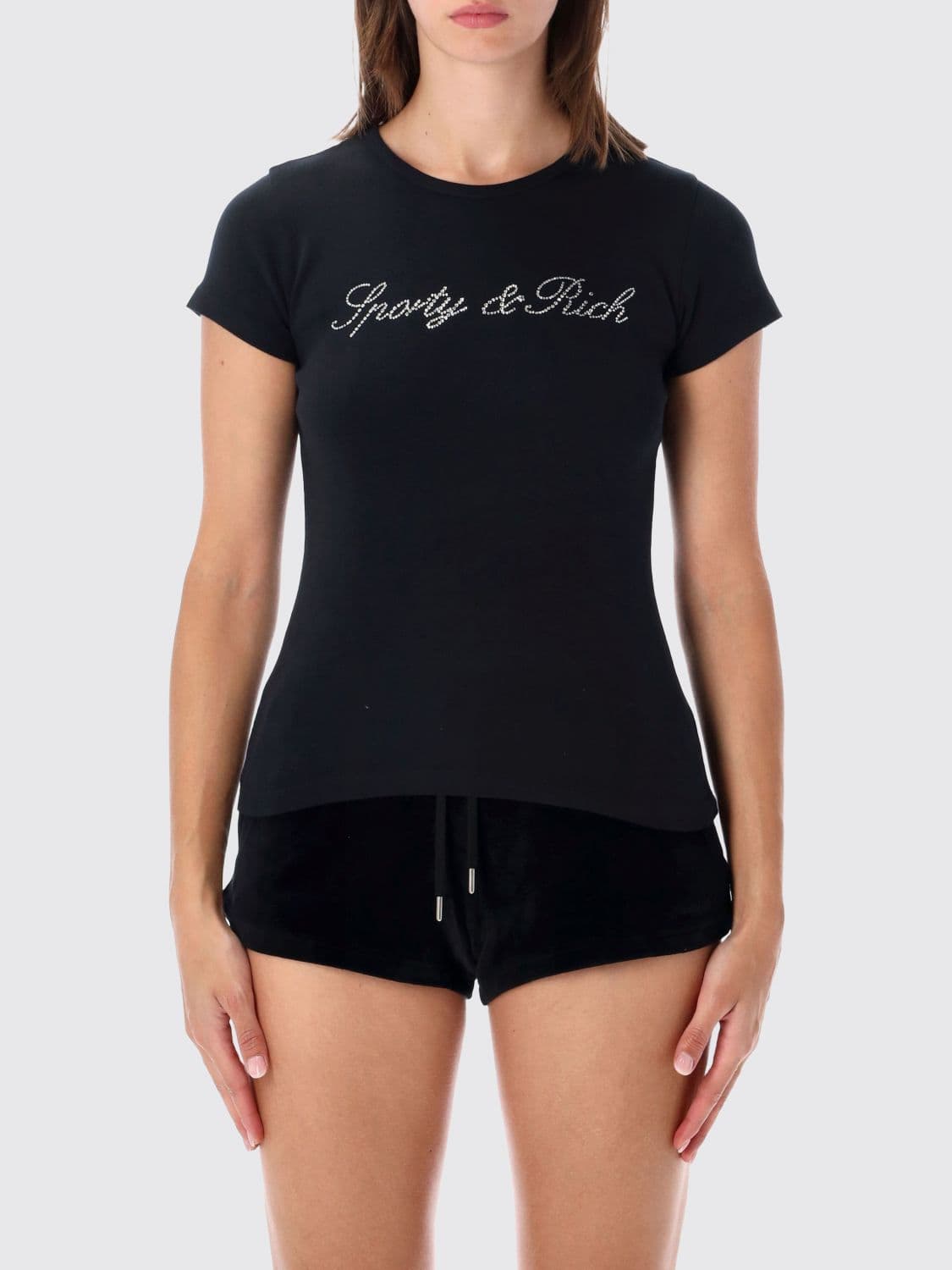 Sporty & Rich Slim Fit Cotton T-Shirt with Rhinestone Logo