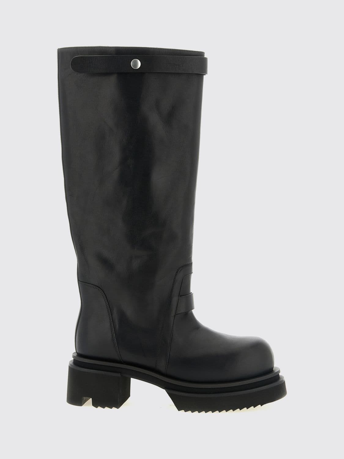 Rick Owens Knee-High Calfskin Leather Biker Boots with Lug Sole