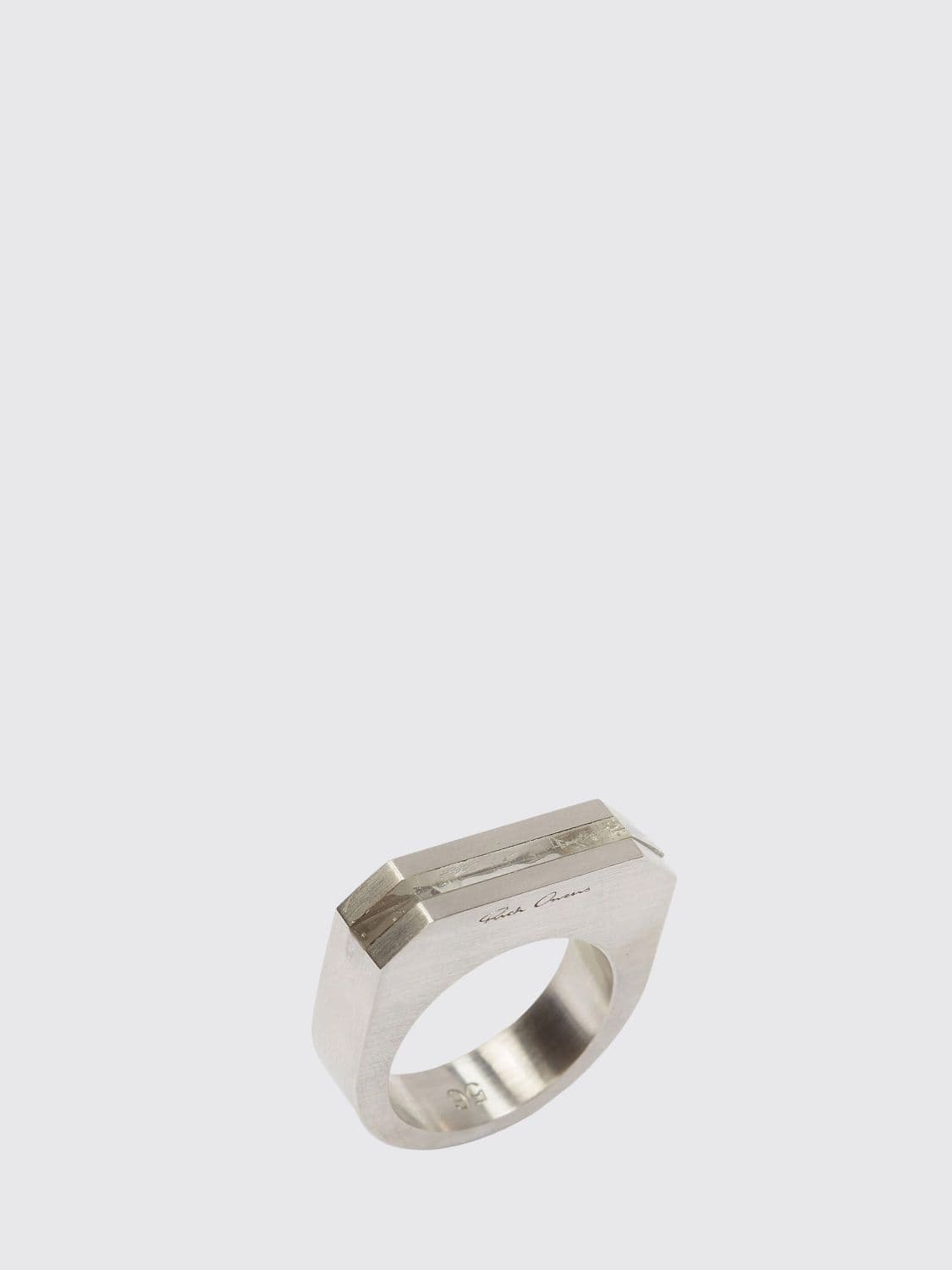 Rick Owens Hollywood Ring in Chrome-Plated Brass with Crystals and Engraved Logo