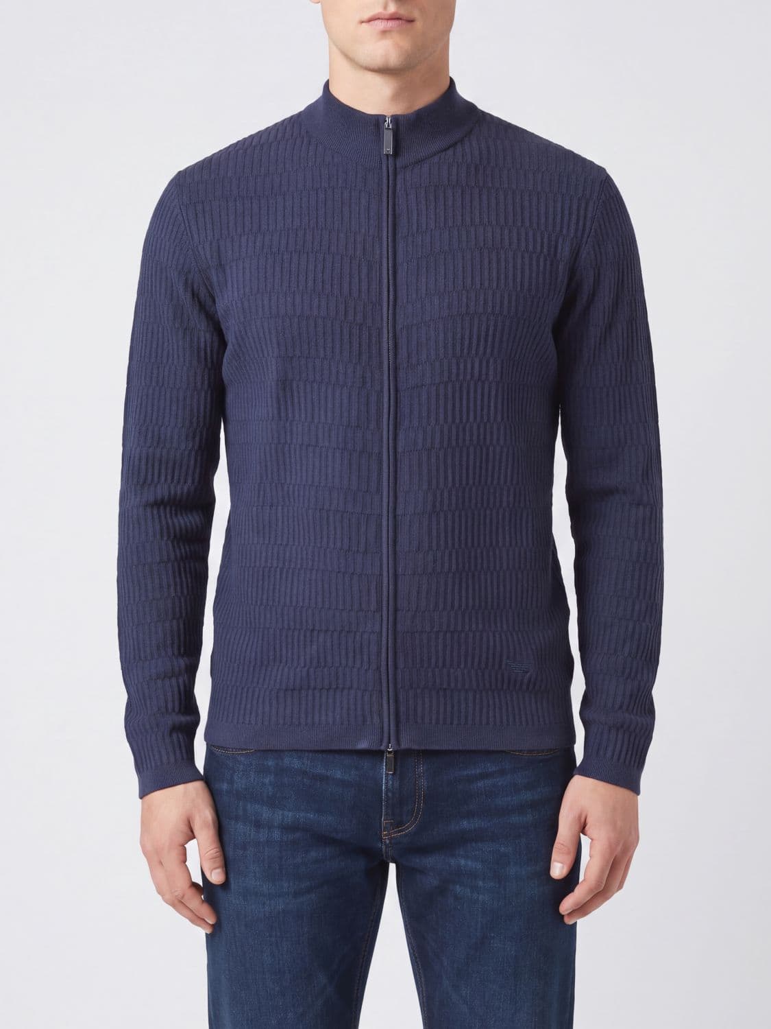 Emporio Armani Virgin Wool Zip-Up Cardigan with Embroidered Eagle Logo