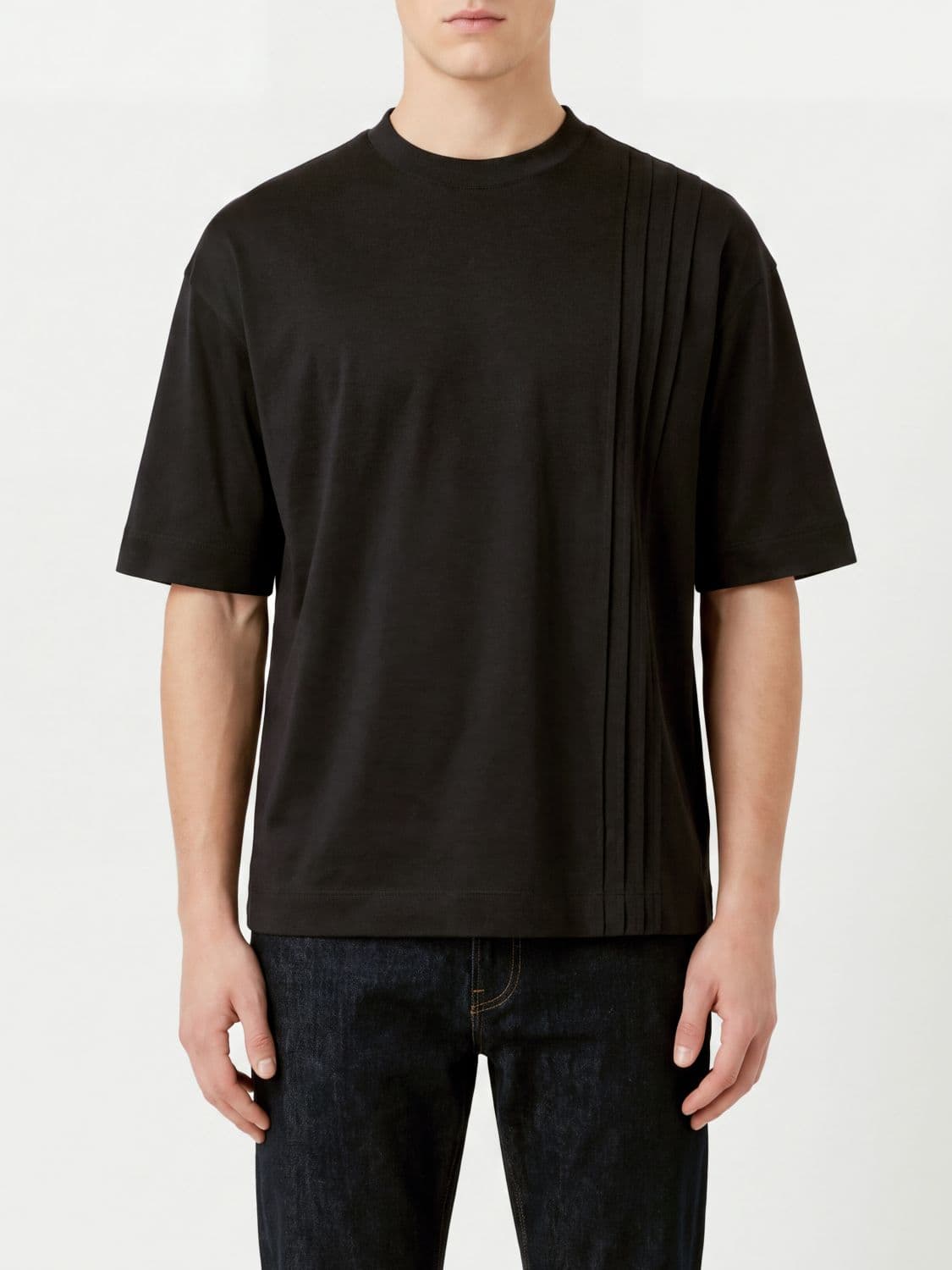 Emporio Armani Crewneck T-Shirt in Lyocell and Cotton with Pleated Trims