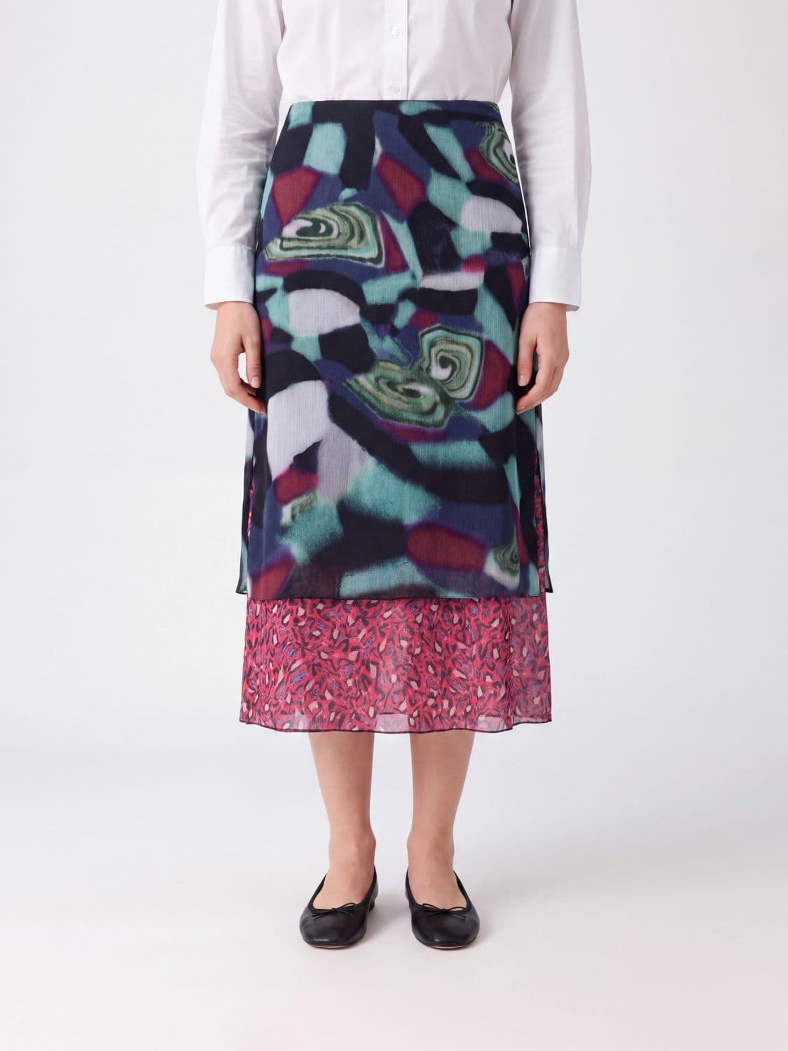Dries Van Noten Flared Midi Skirt in Silk Blend with Abstract Print