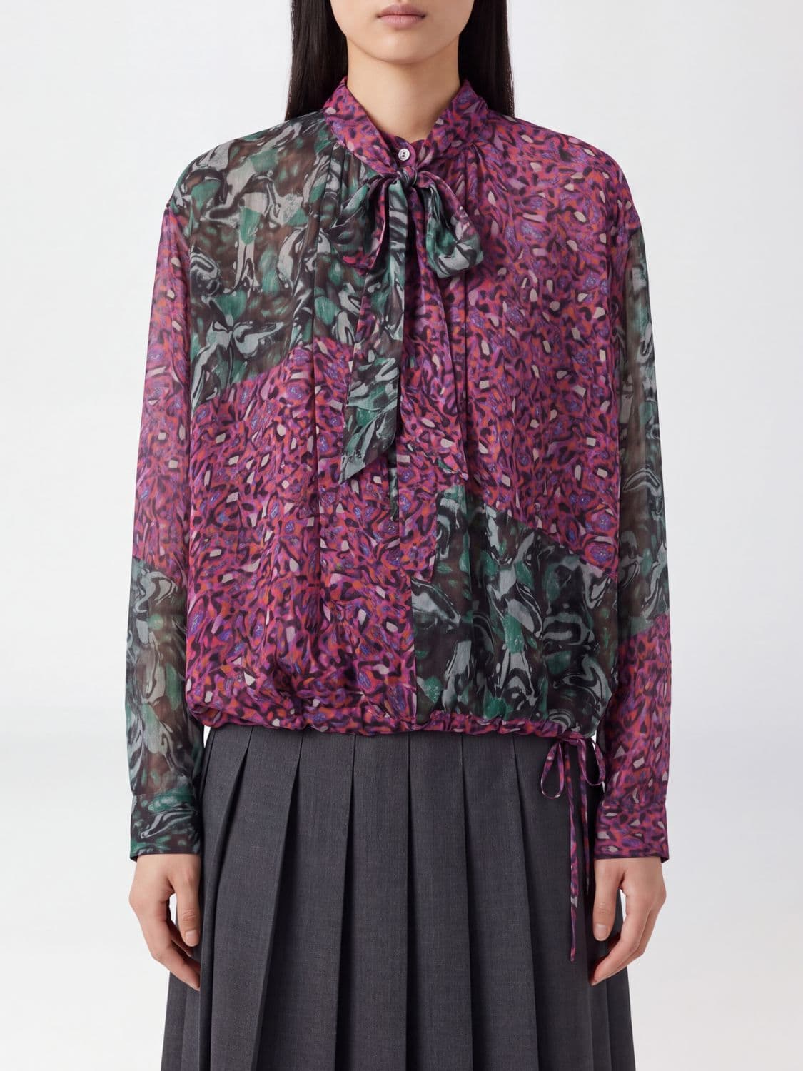 Dries Van Noten Pussy-Bow Silk Blouse with Abstract Print