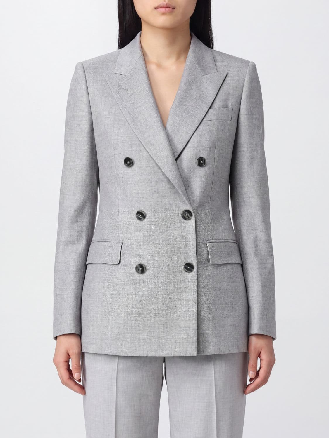 Tagliatore Double-Breasted Cropped Blazer in Wool and Kashmir with Peak Lapels