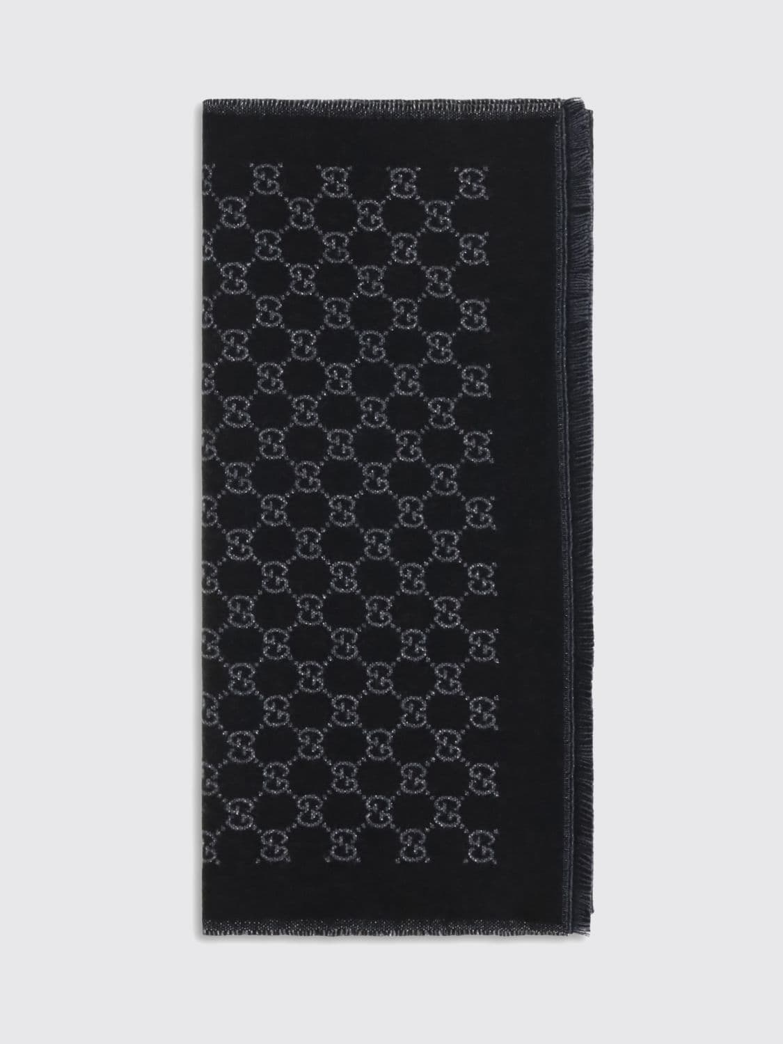 Gucci Jacquard GG Monogram Merino Wool Scarf with Fringed Hem