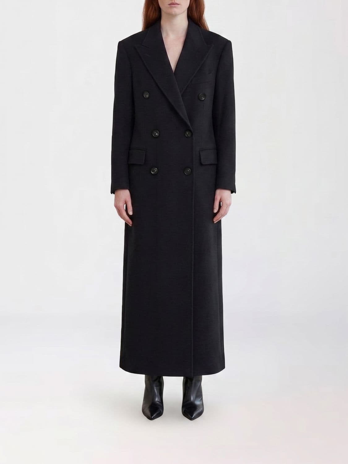 Tagliatore Double-Breasted Long Coat in Wool and Kashmir with Peak Lapels