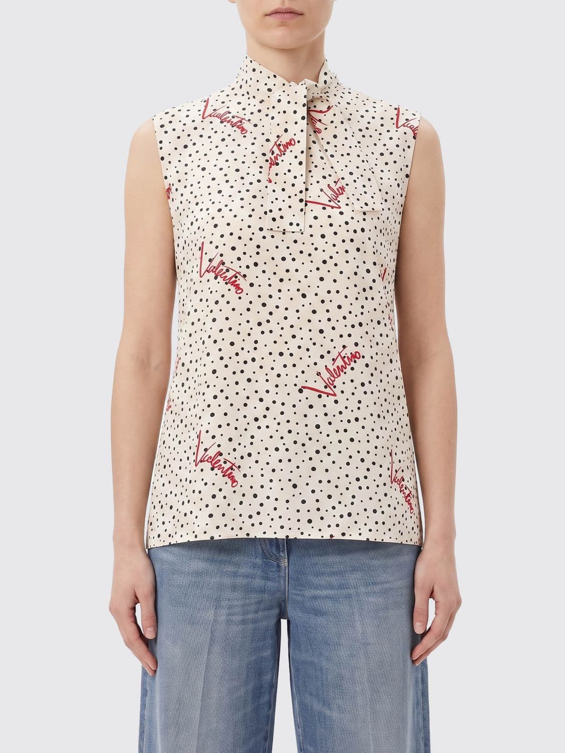 Valentino Garavani Polka Dot Sleeveless Top in Crêpe de Chine with Pussy-bow · 34