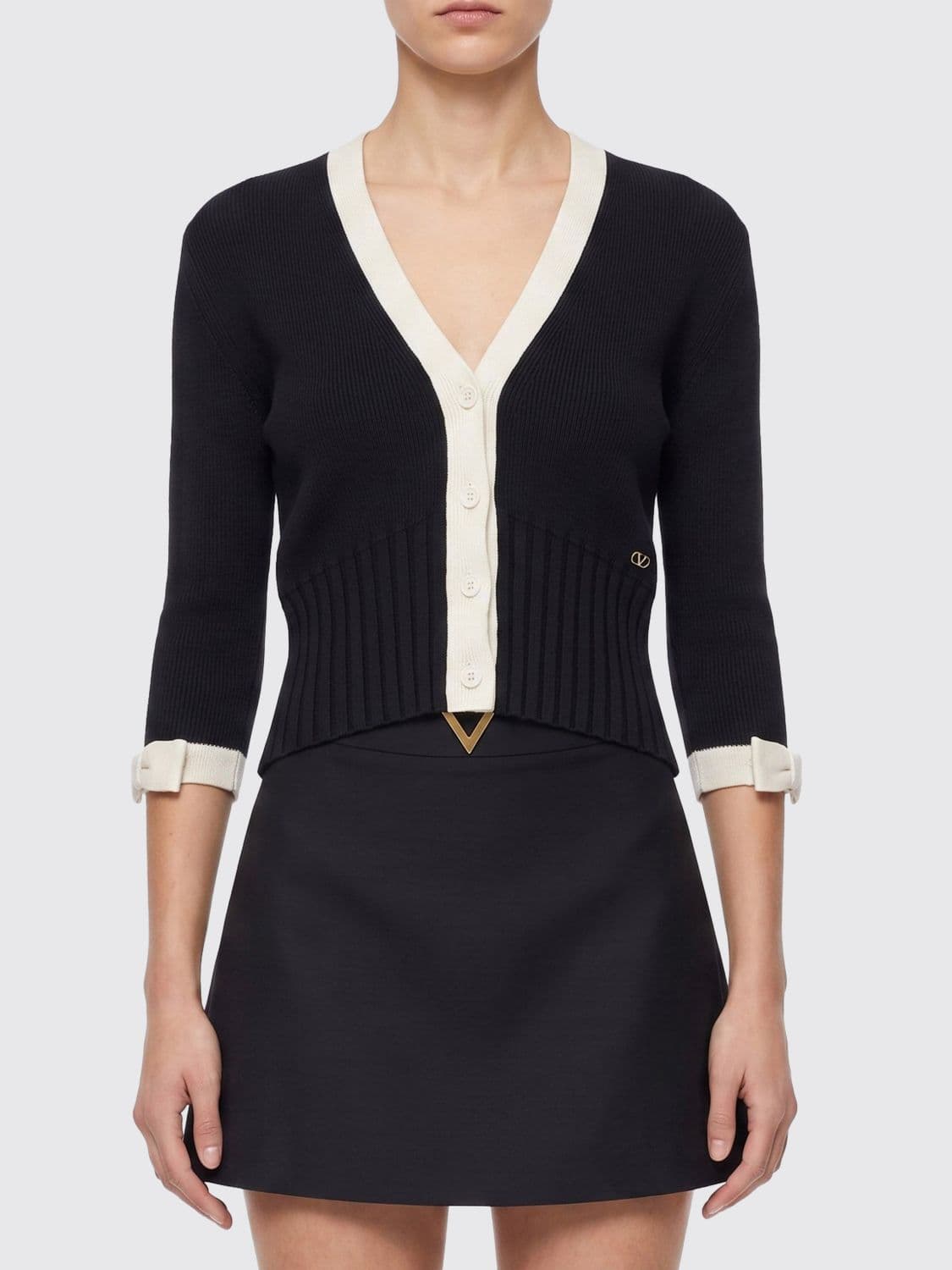 Valentino Garavani Cropped Bicolor Cotton Cardigan with VLogo Signature
