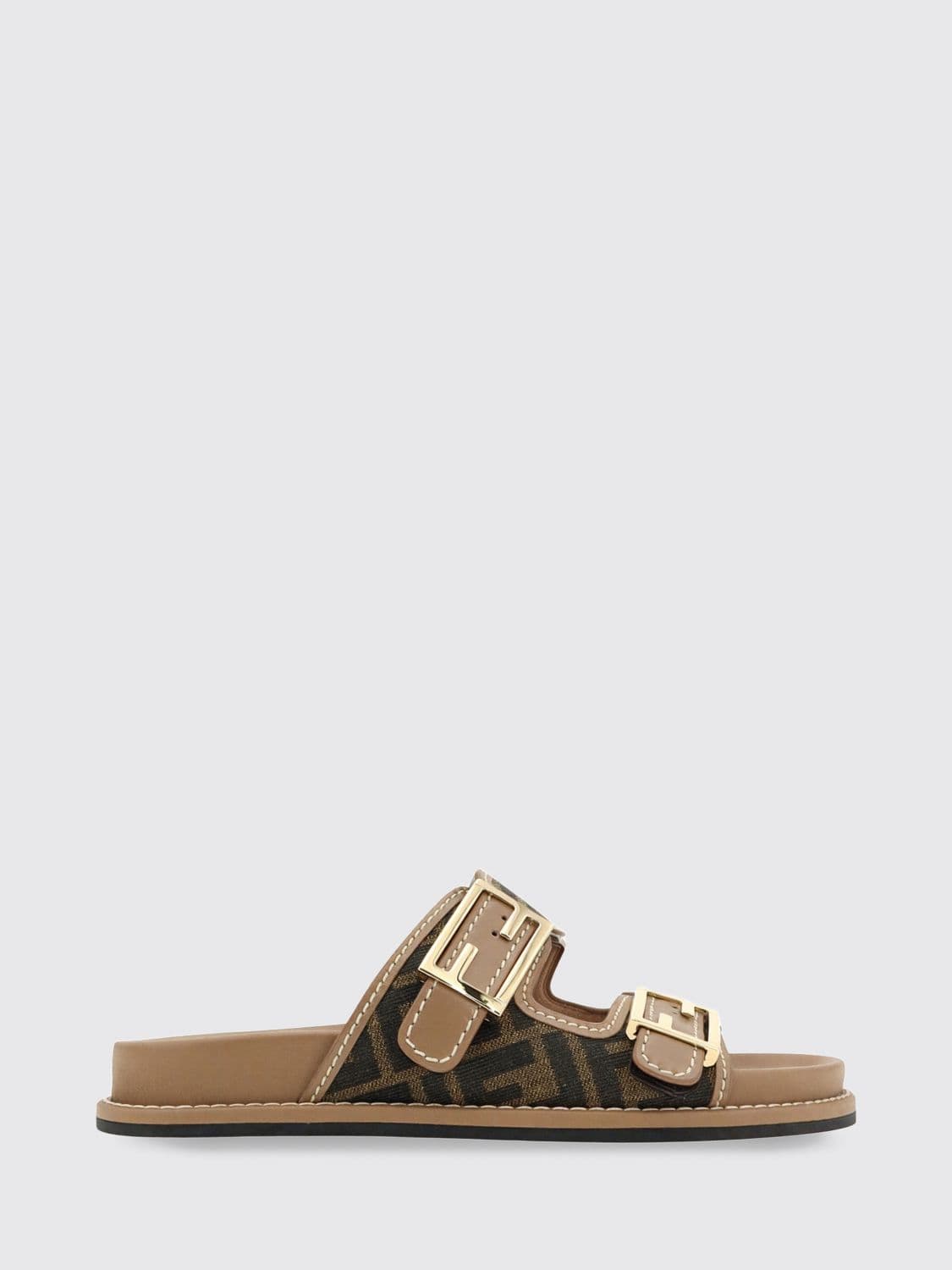 Fendi Feel FF Monogram Fabric Sandals with Low Heel