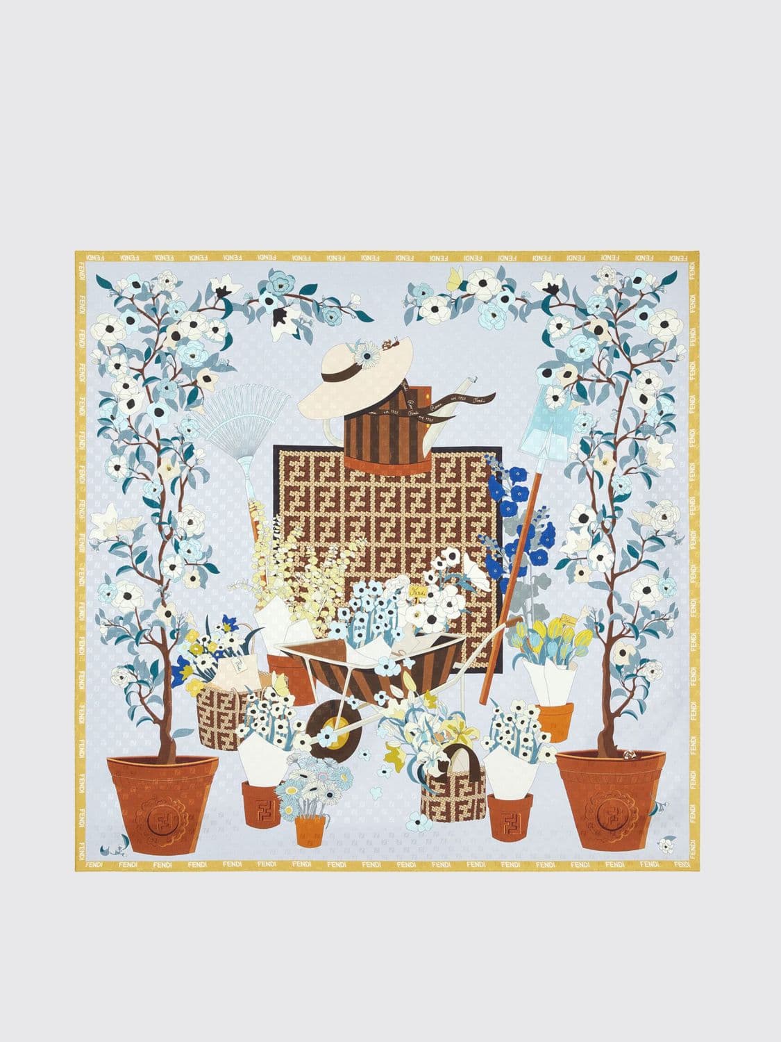 Fendi Gardening Floral and FF Monogram Print Silk Foulard