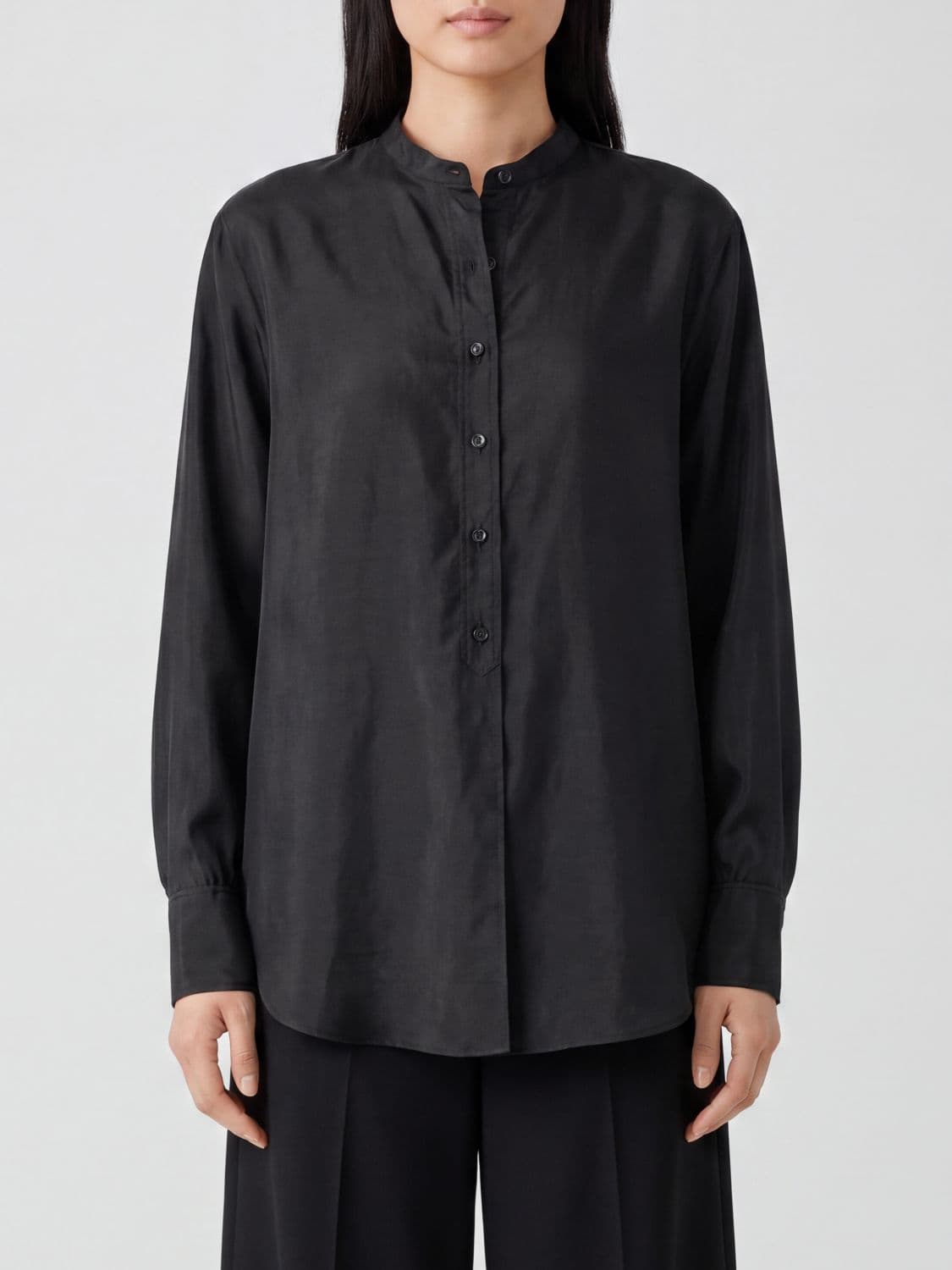 The Row Black Pure Silk Shirt with Mandarin Collar and Long Sleeves