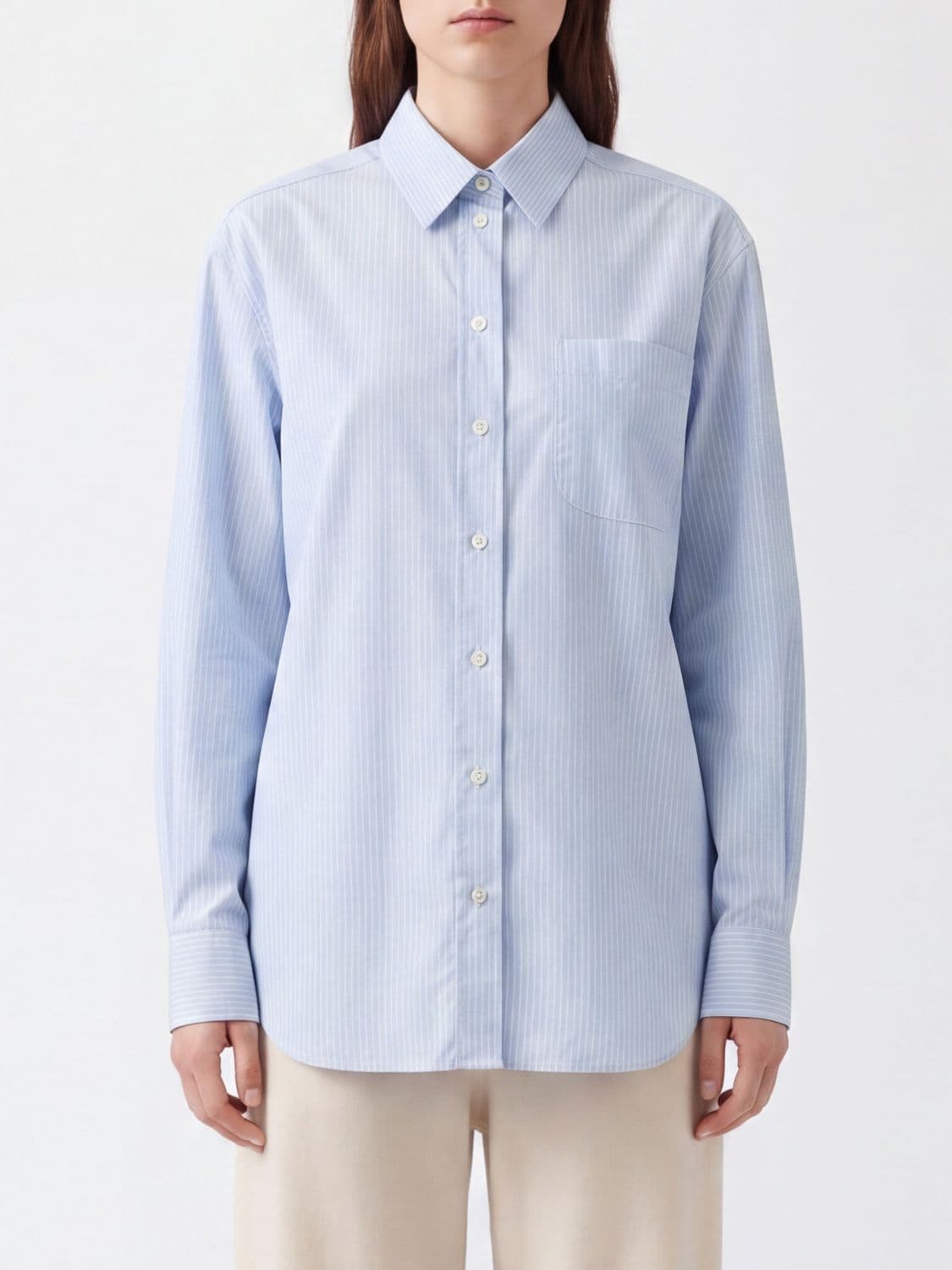 The Row Striped Cotton Shirt with French Collar and Patch Pocket