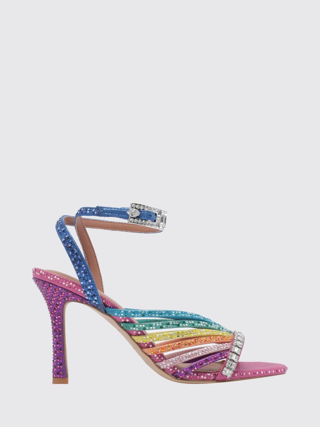 Kurt Geiger London Multicolor Stripe Sandals with Rhinestones and Stiletto Heel