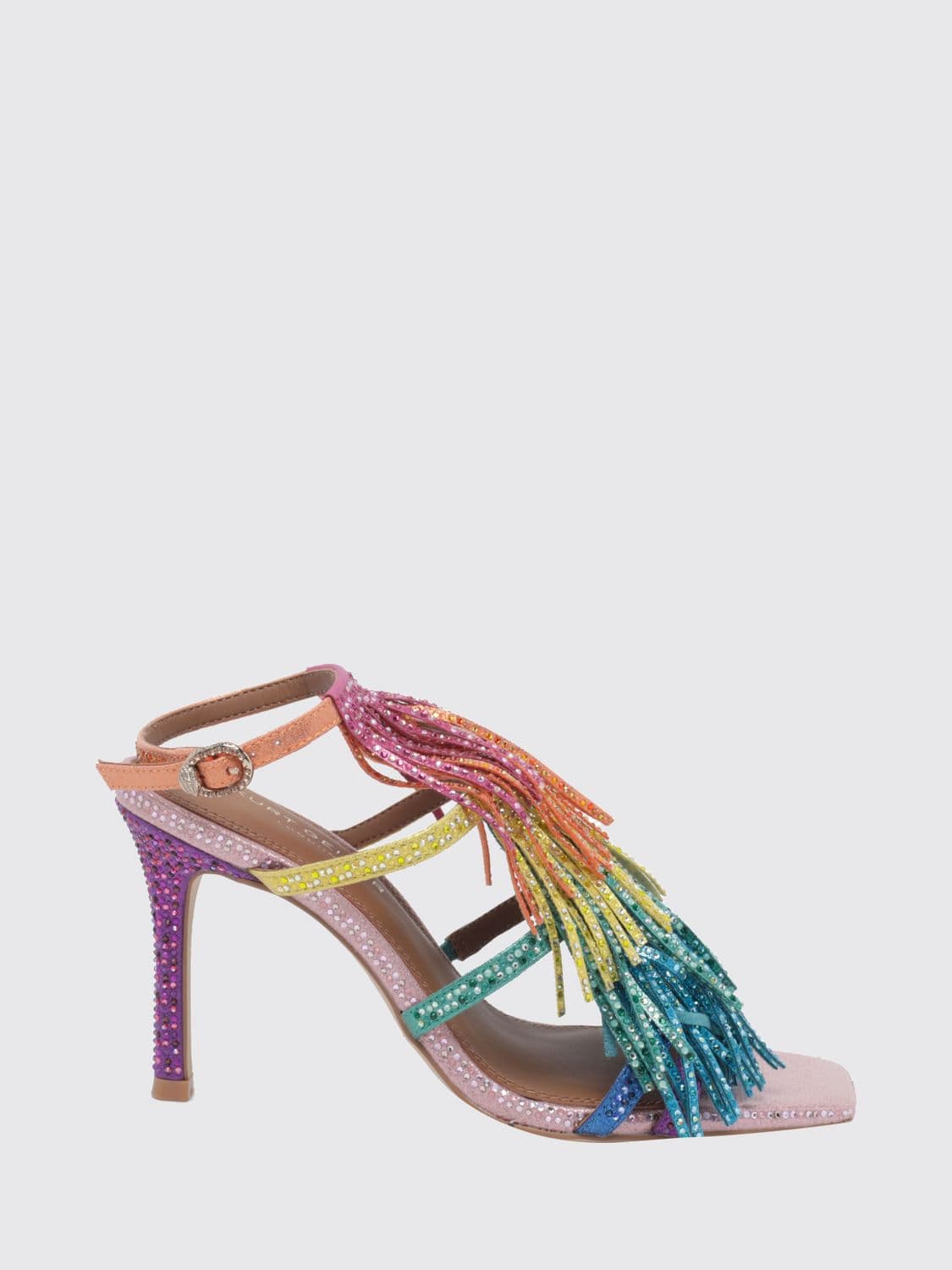 Kurt Geiger London Square-Toe Sandals with Fringes, Rhinestones and Stiletto Heel